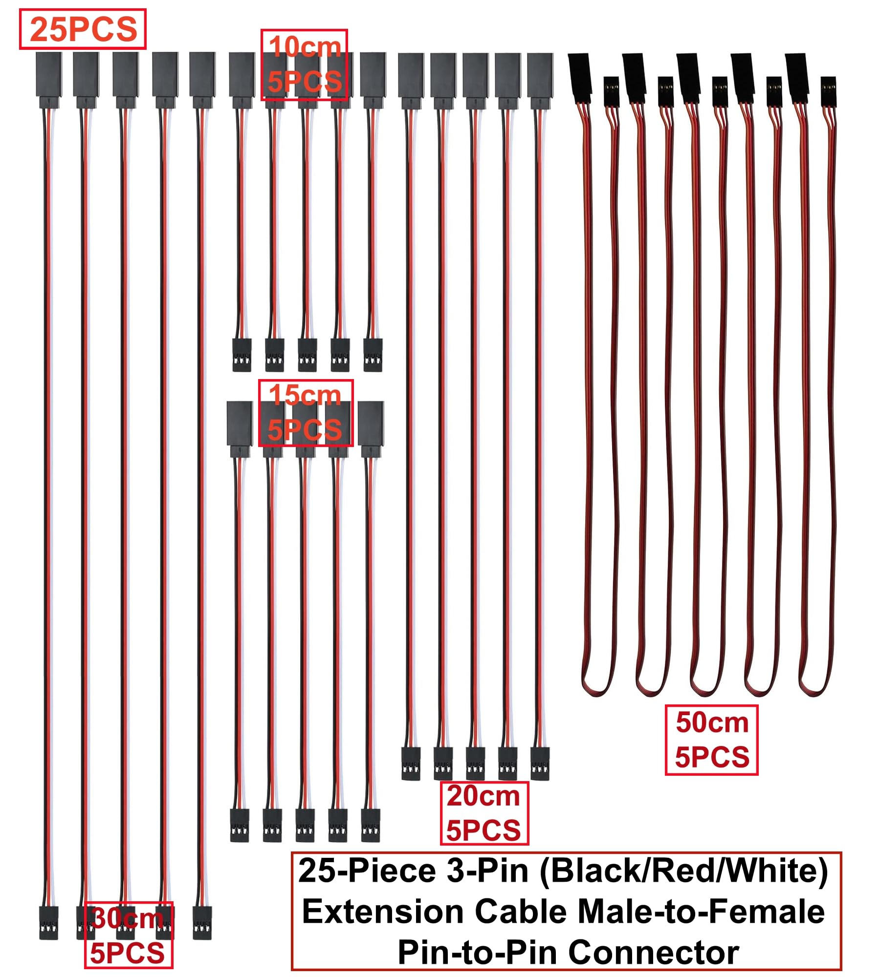 HUAZIZ 25 pezzi RC Servo Extension Cable, 5 misure 10 cm/15 cm/20 cm/30 cm/50 cm maschio a femmina, cavo di prolunga servo a 3 poli