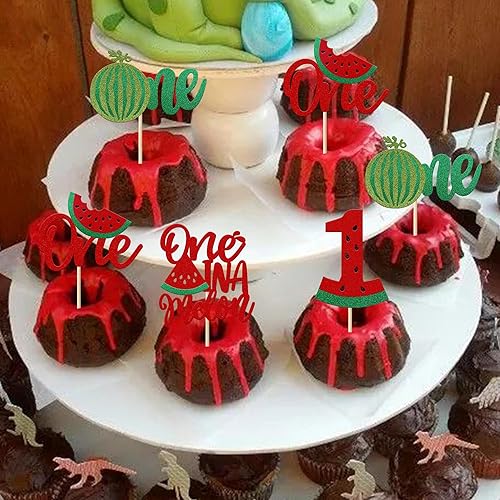 Miniatura 3 de Rsstarxi Paquete de 24 adornos de sandía con purpurina para cupcakes uno en un melón, decoraciones para primer cumpleaños, baby shower, fiesta de