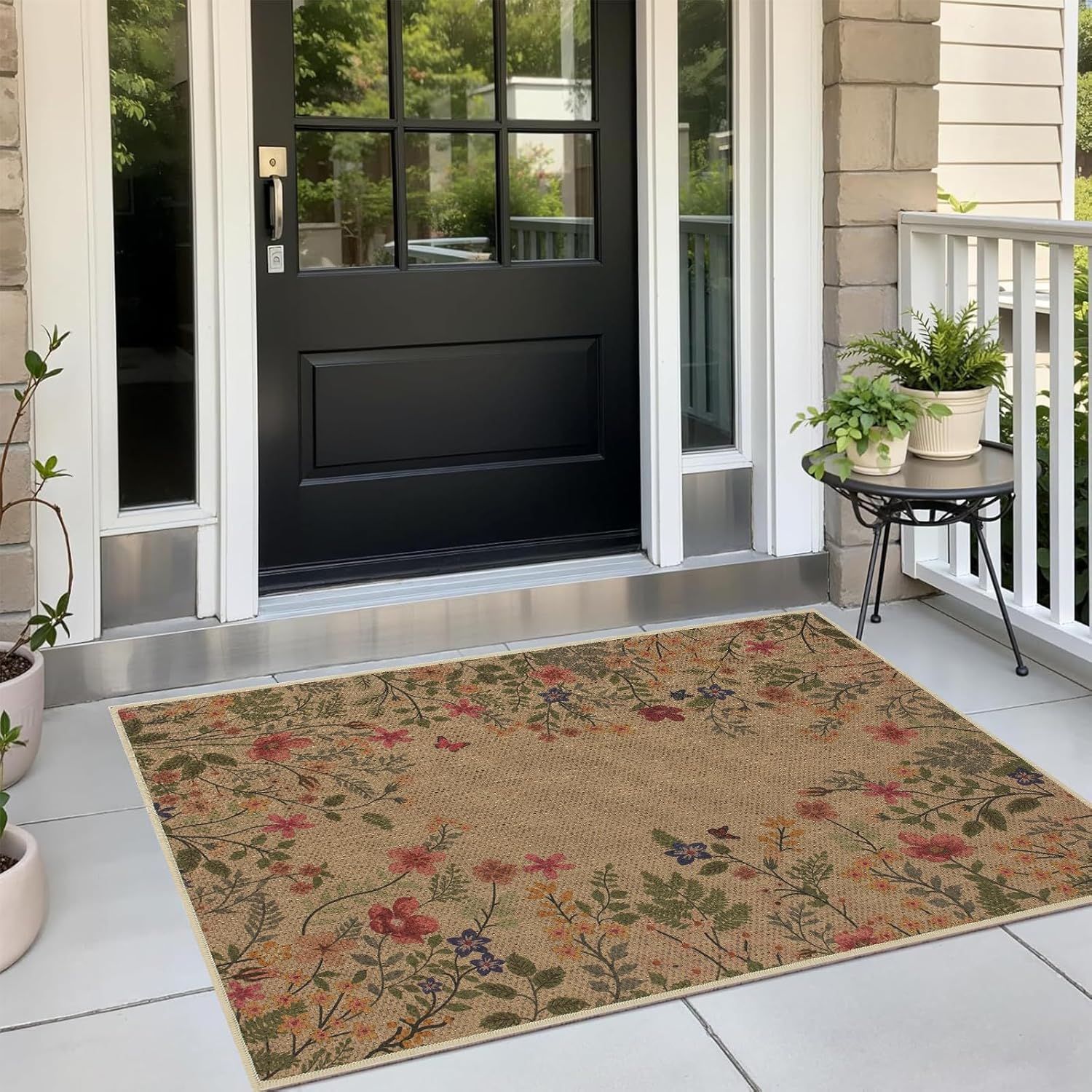 Easy Jute Floral Entryway Rug, 2x3 Front Door Mat Washable Non Slip Small Kitchen Rug, Farmhouse Botanical Flower Indoor Outdoor Throw Rugs for Entrance Bedroom Bathroom Porch, Beige