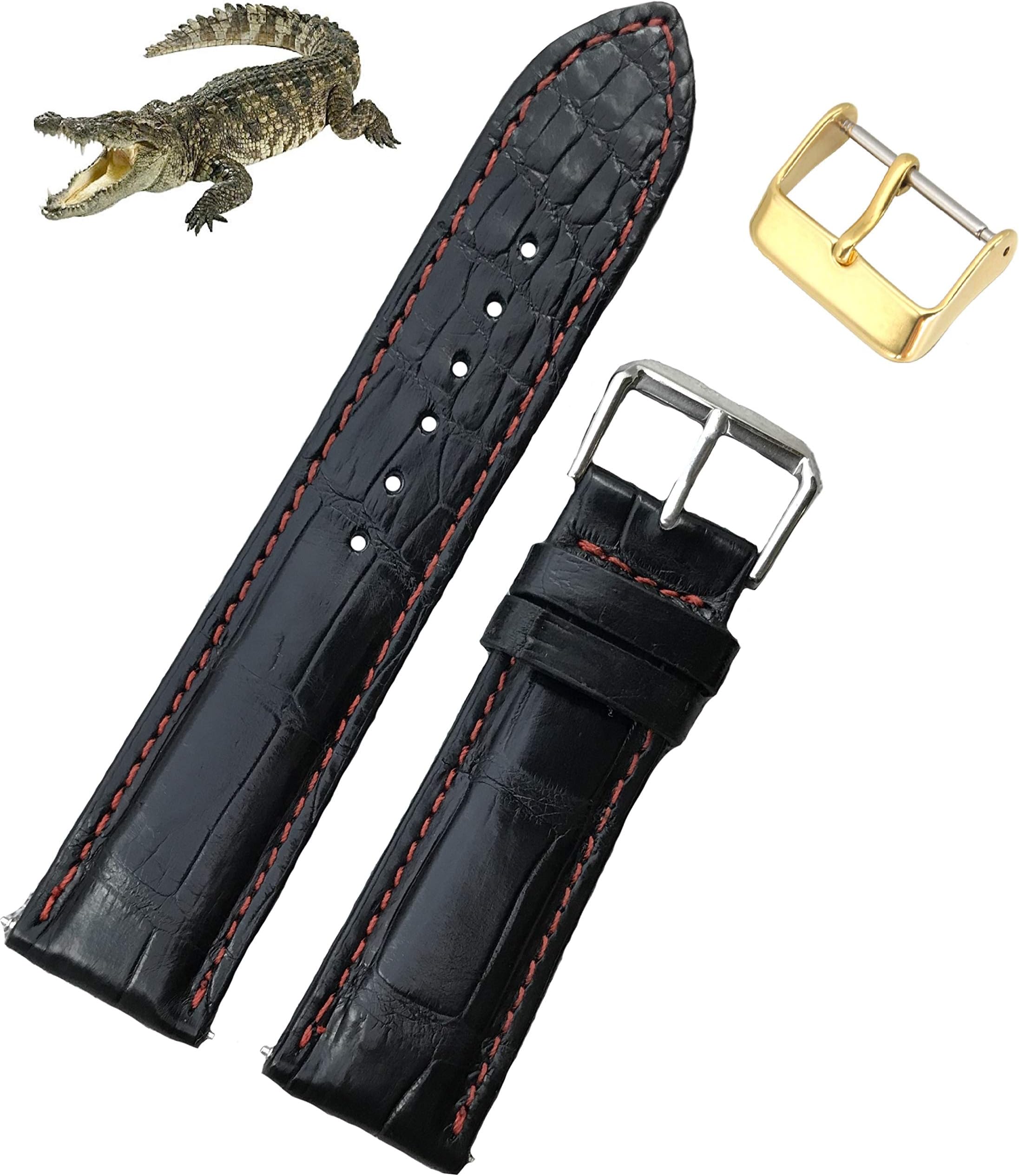 Alligator Crocodile Belly Watch Strap Band Wrist Leather Black DH-15-22MM