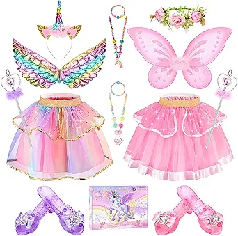 Princess Dress Up Fairy & Unicorn Costume for Girls 4-6, Toddler Dress with Tutu, Wings, Shoes, Jewelry, Headband Fairy Unicorn Toys for Girls Christmas Halloween Birthday Gift Toys