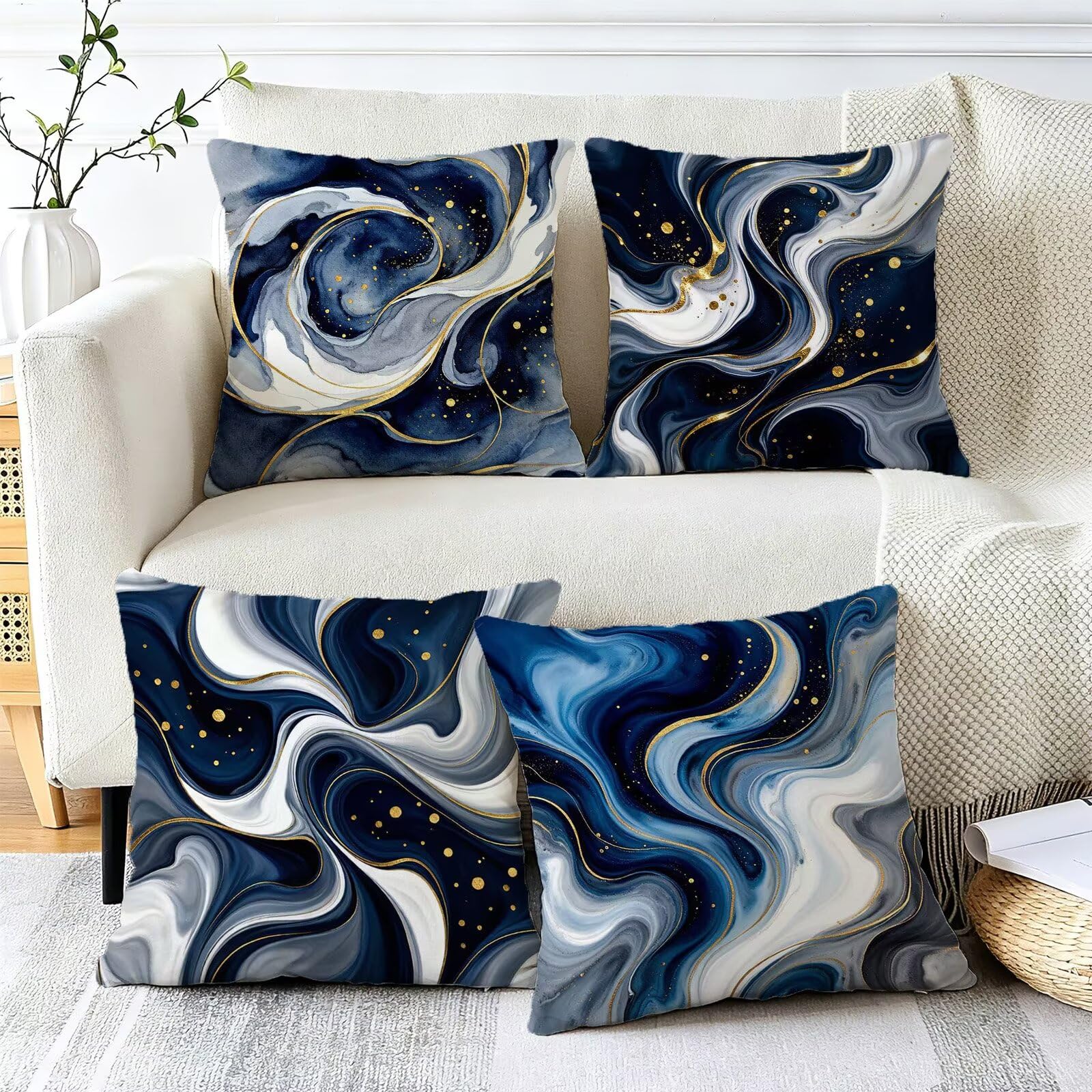 Blu Federe Cuscini Divano 40x40cm, Cuscini da Esterno Set de 4, Cod-152 | Lin Copricuscini Decorativi Letto Arredo, per Letto, Soggiorno, Giardino, Esterno, Casa Decorazione Set di 4 Naturale