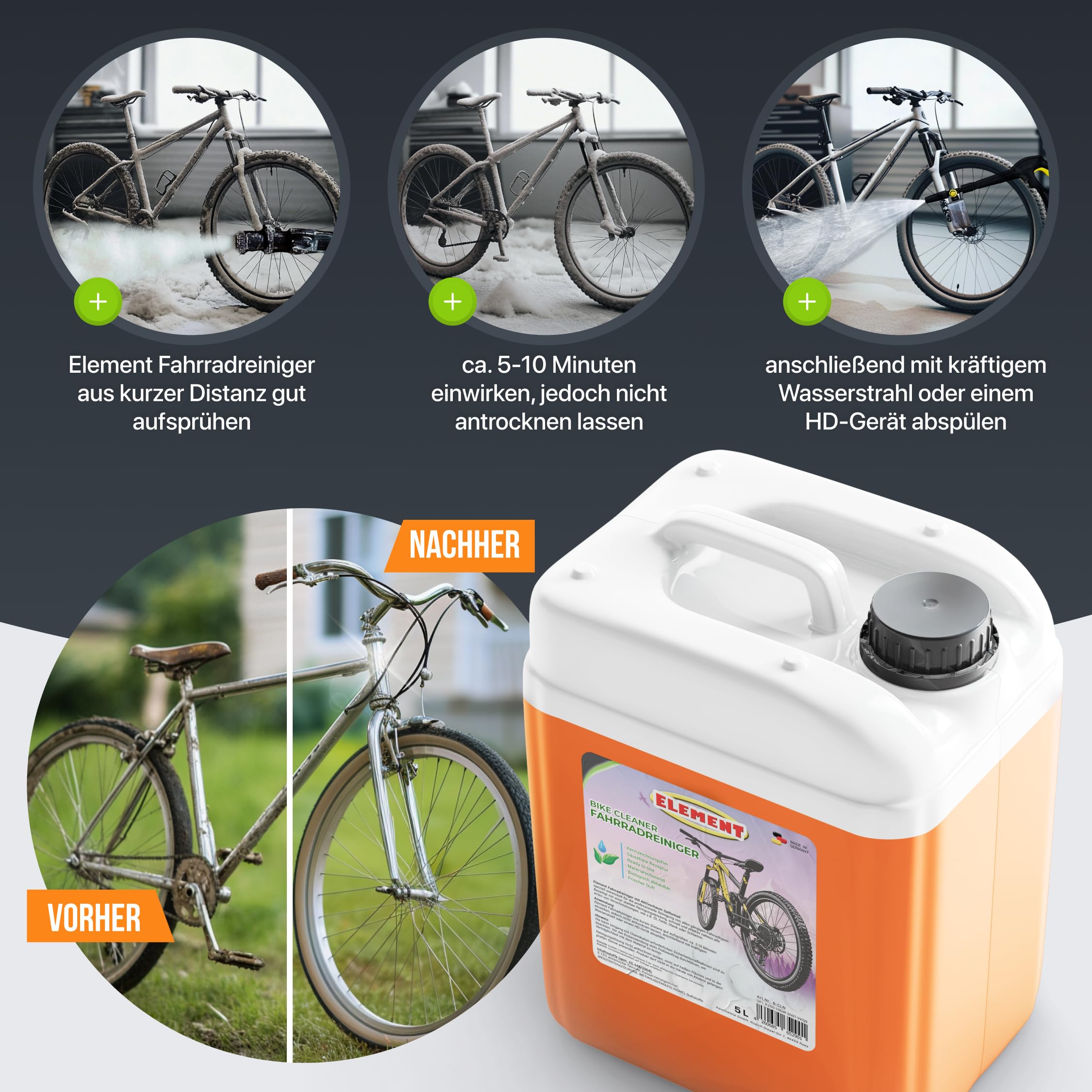 Element Fahrradreiniger I Bike Cleaner I 5 Liter I für alle Oberflächen I Fahrradpflege 5 L I Premium Reiniger für Fahrrad & E bike