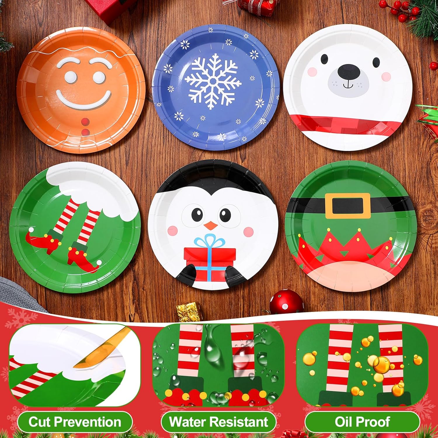 Zhehao 120 Pcs 9 Inch Christmas Disposable Dessert Plates Bulk Christmas Santa Claus Snowman Reindeer Paper Plates Dinnerware Tableware Xmas Party Supplies for Holiday Dinner Gathering Decoration