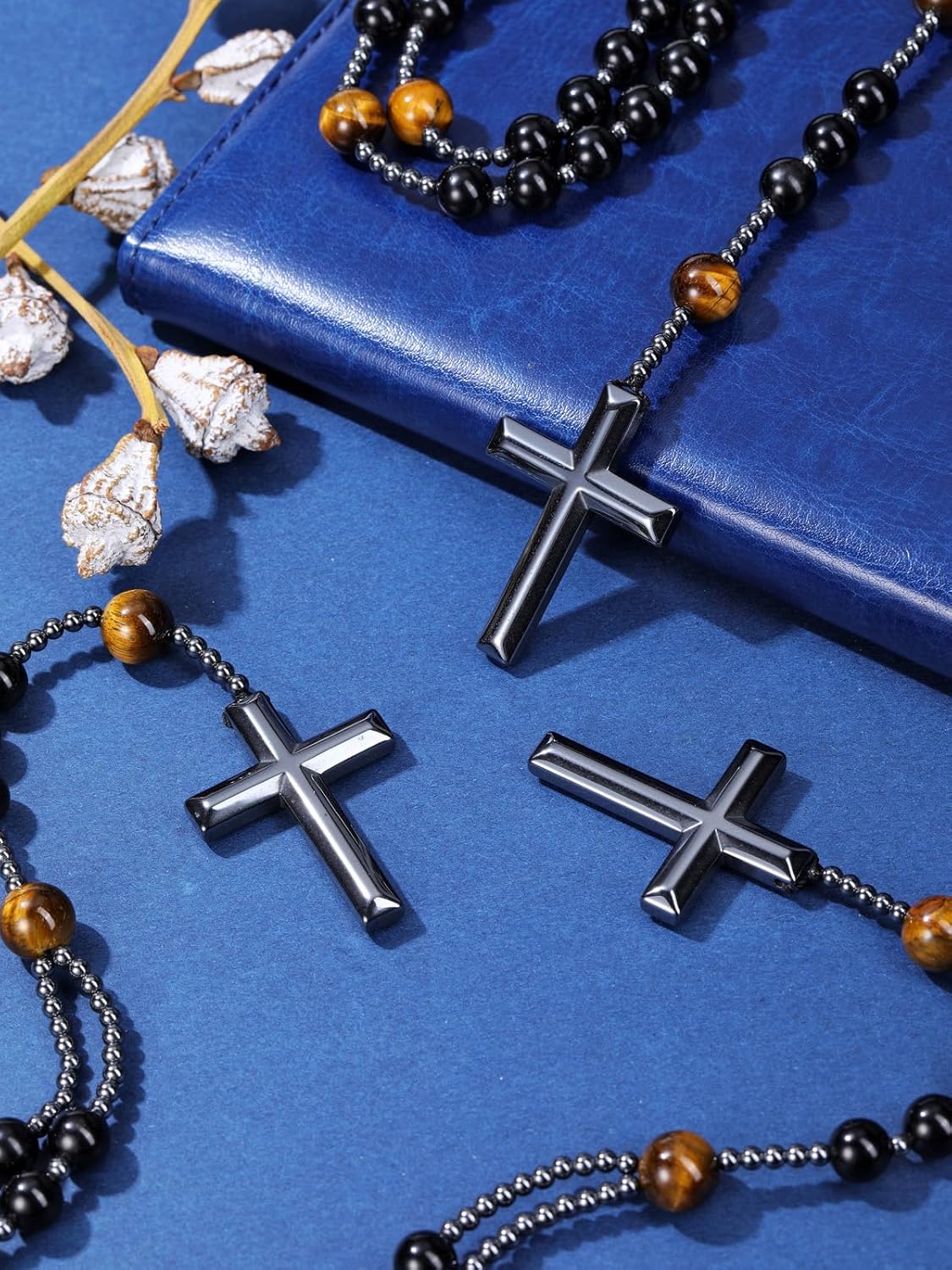 Acheter Collier chapelet en perles d'onyx naturel pour hommes, pendentif croix en hématite, accessoires de bijoux Acheter Collier chapelet en perles d'onyx naturel pour hommes, pendentif croix en hématite, accessoires de bijoux