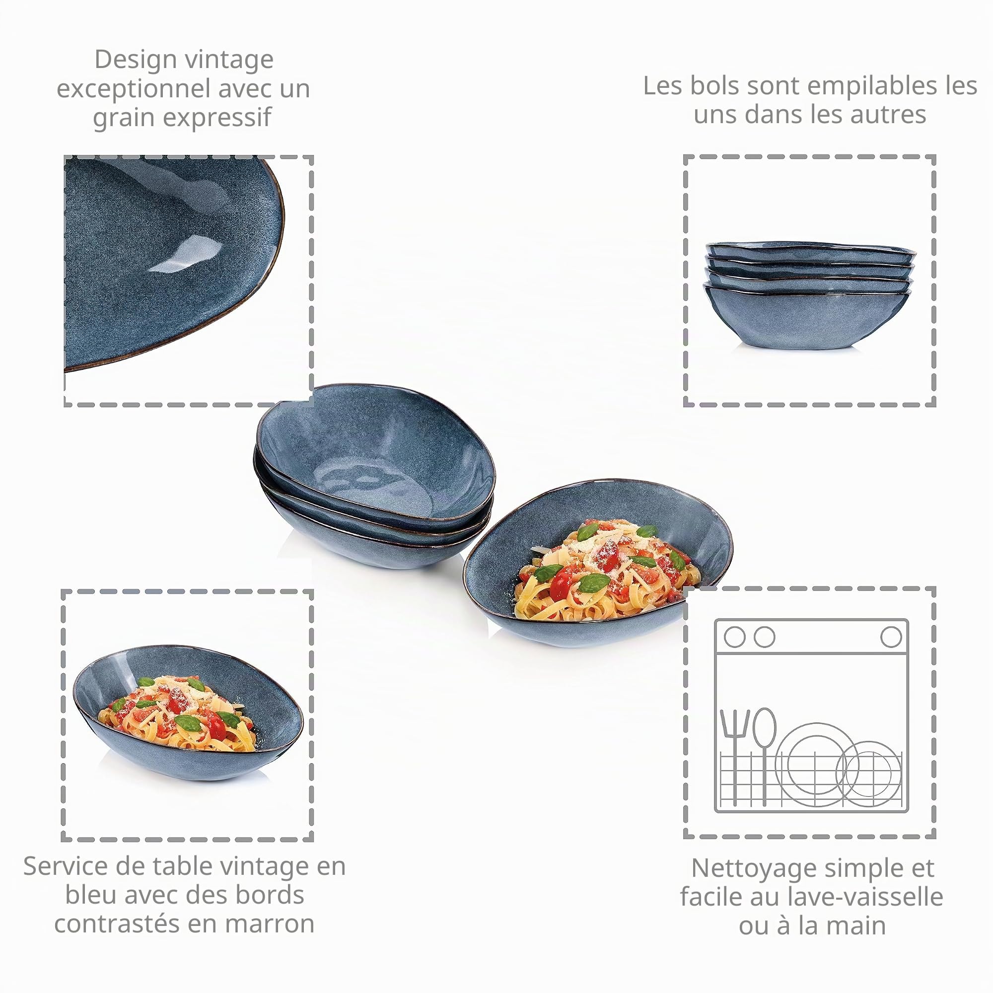 SÄNGER Lot de 4 assiettes à pâtes Darwin - Assiettes à spaghetti pour 4 personnes - En faïence - Assiettes à pâtes - Passent au lave-vaisselle - Assiettes en faïence pour plats à pâtes - Bleu - 1 l