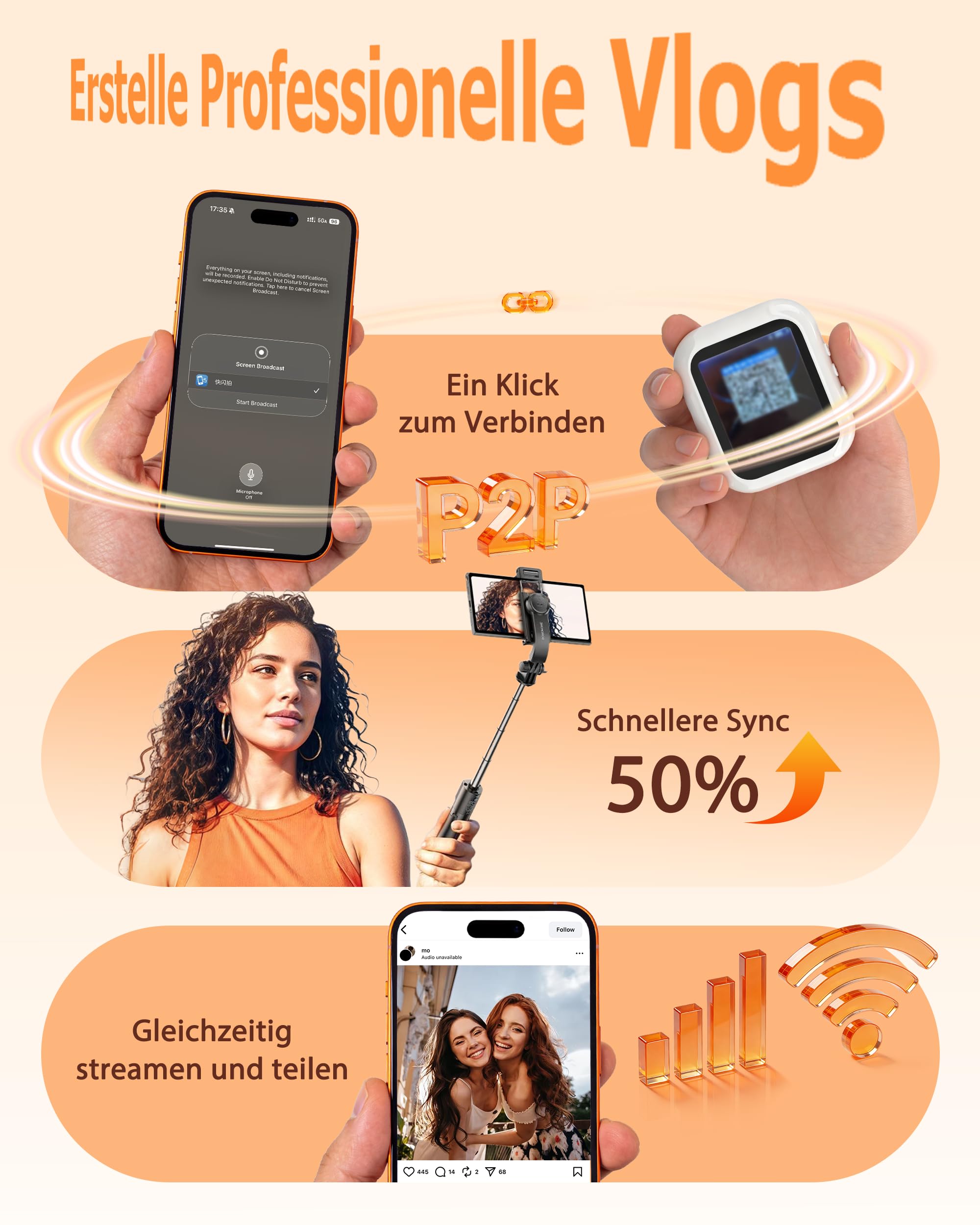 Handy Selfie Monitor für i-Phone/Android, Kabellos Magnetischer Vlog Selfie Monitor Bildschirm, Wireless Tragbar Smartphone Rückkamera Screen für Tik-Tok, Li-ve, YouTube, 2 Std. Akku, Weiß