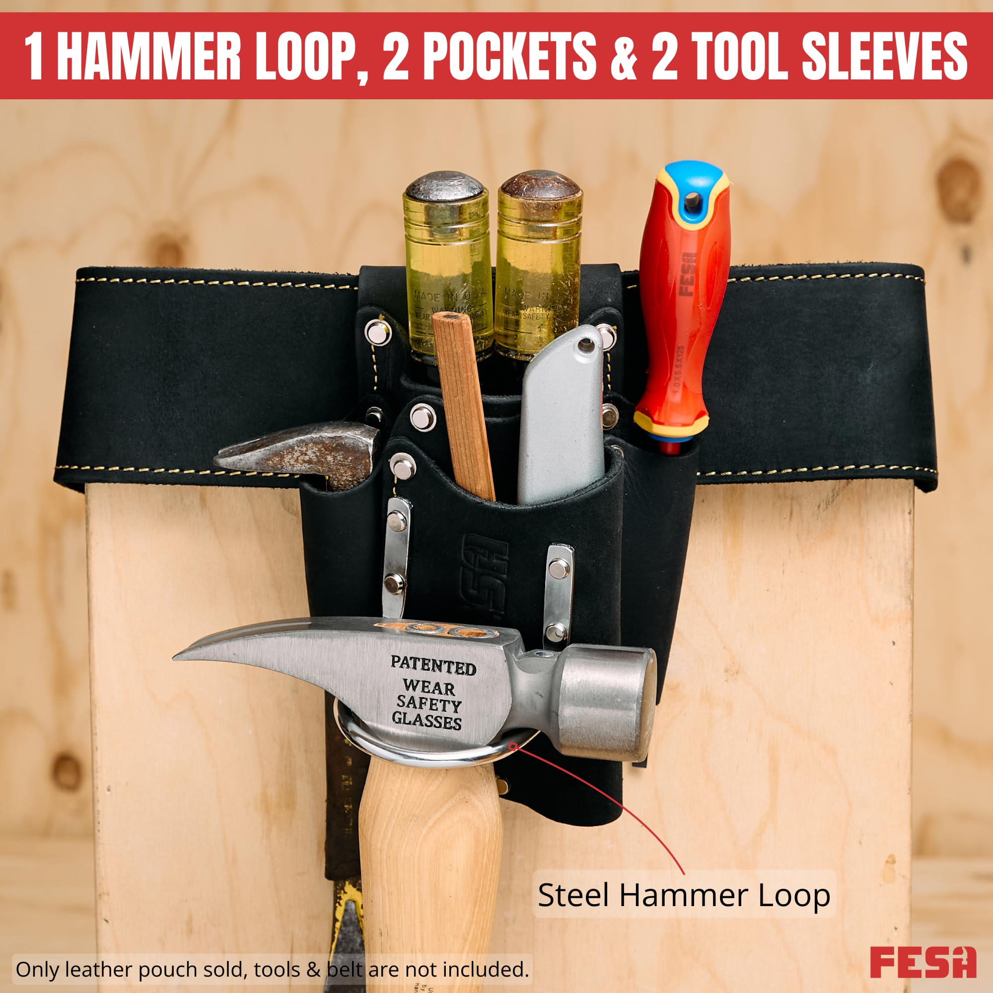FESA Small Leather Tool Pouch 5-in-1 Heavy Top Grain Leather with Steel Hammer Loop 4 Pockets Reinforced Rivets Fits Belts up to 3'' Handcrafted