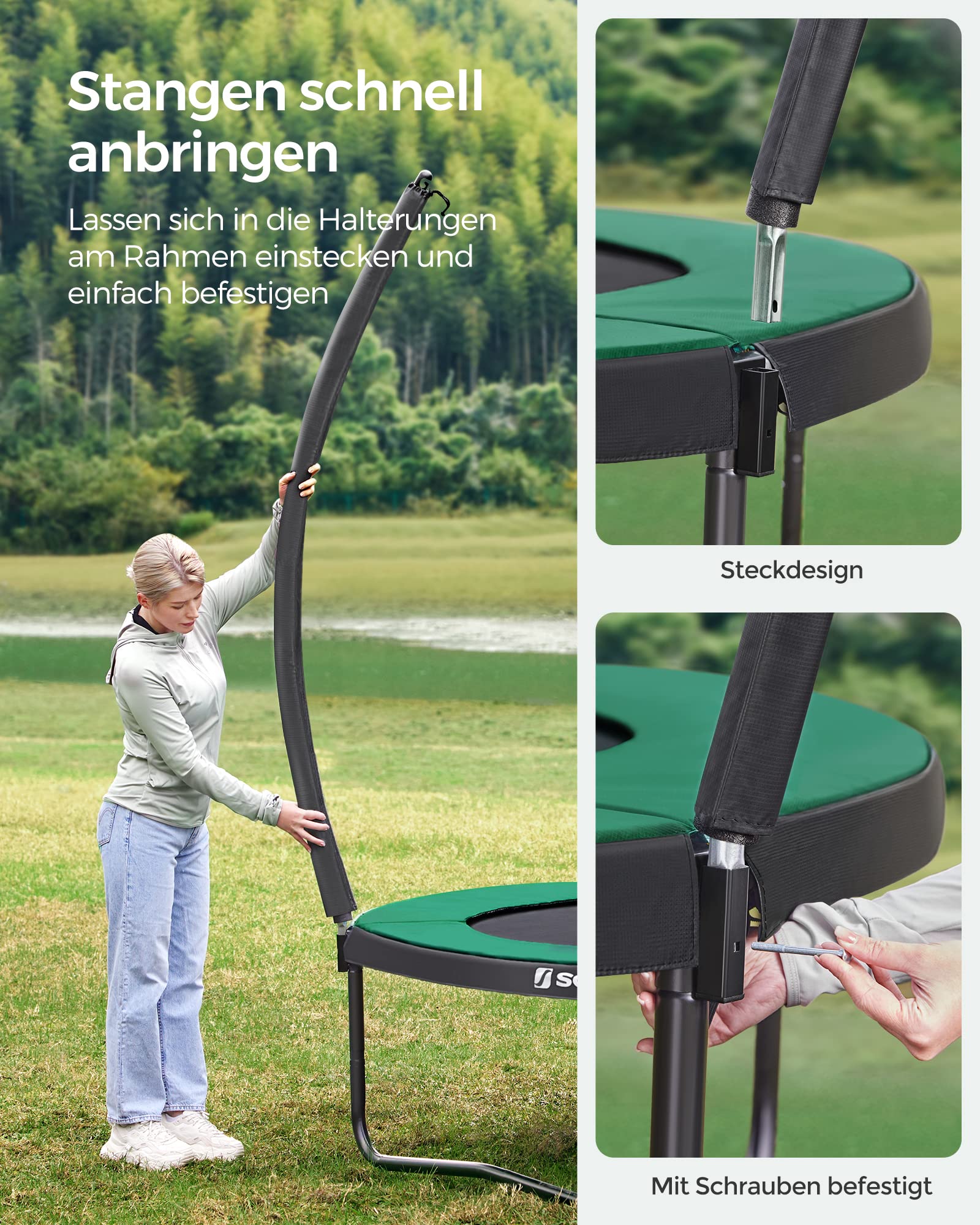 SONGMICS Trampolin Outdoor Ø 244/305/366/427 cm, rundes Gartentrampolin Kindertrampolin mit Sicherheitsnetz, Randabdeckung, Leiter und gepolsterten Stangen
