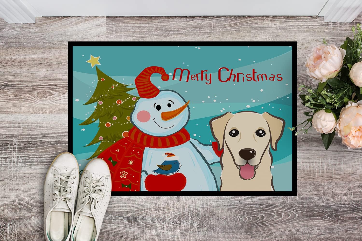 Caroline's Treasures BB1872MAT Snowman with Golden Retriever Doormat 18x27 Front Door Mat Indoor Outdoor Rugs for Entryway, Non Slip Washable Low Pile, 18H X 27W