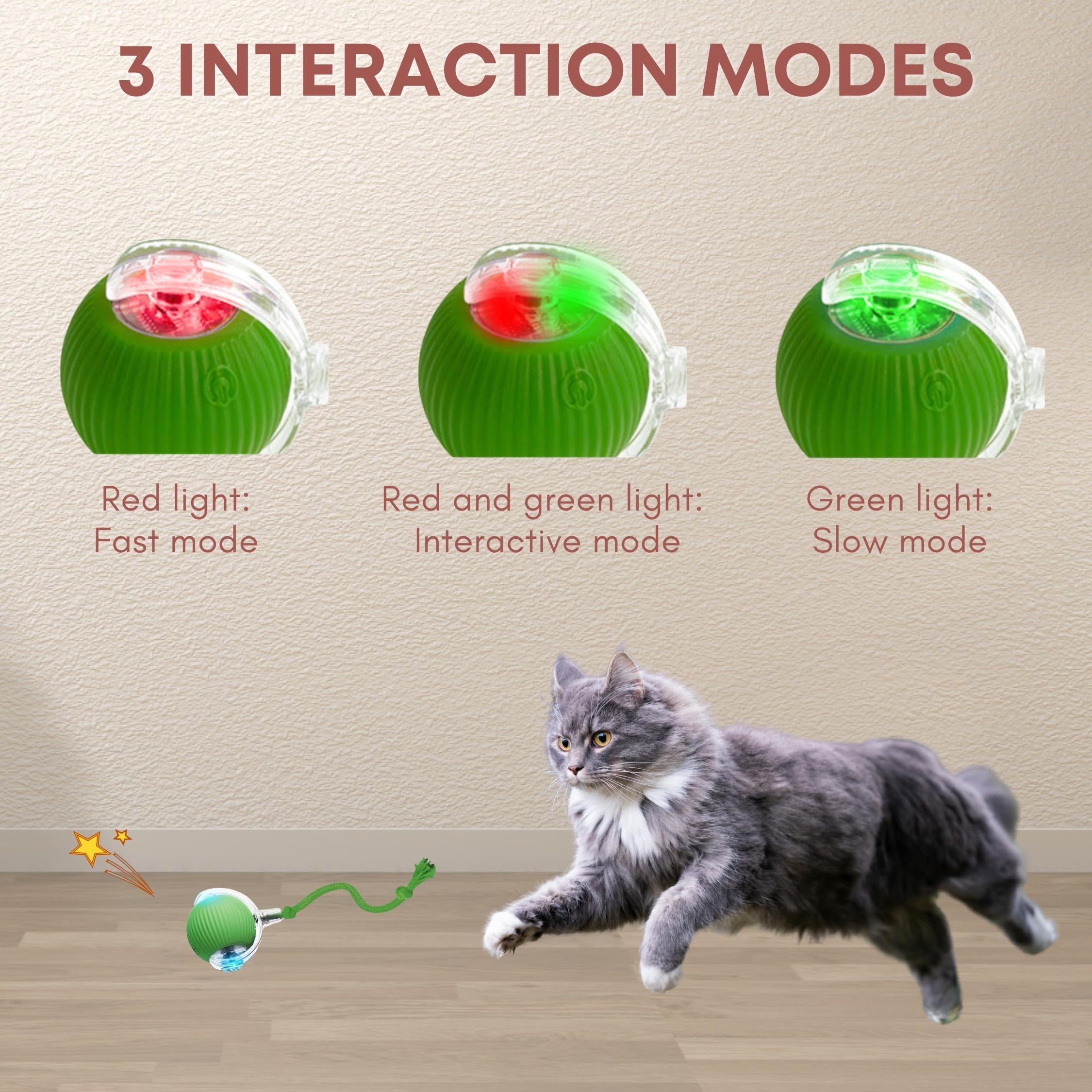 Interaktiver Katzenspielzeug-Ball, automatisch bewegliche Katzen- und Hundebälle für den Innenbereich, niedlich und langlebig, geeignet für alle Arten von Katzen, Grün