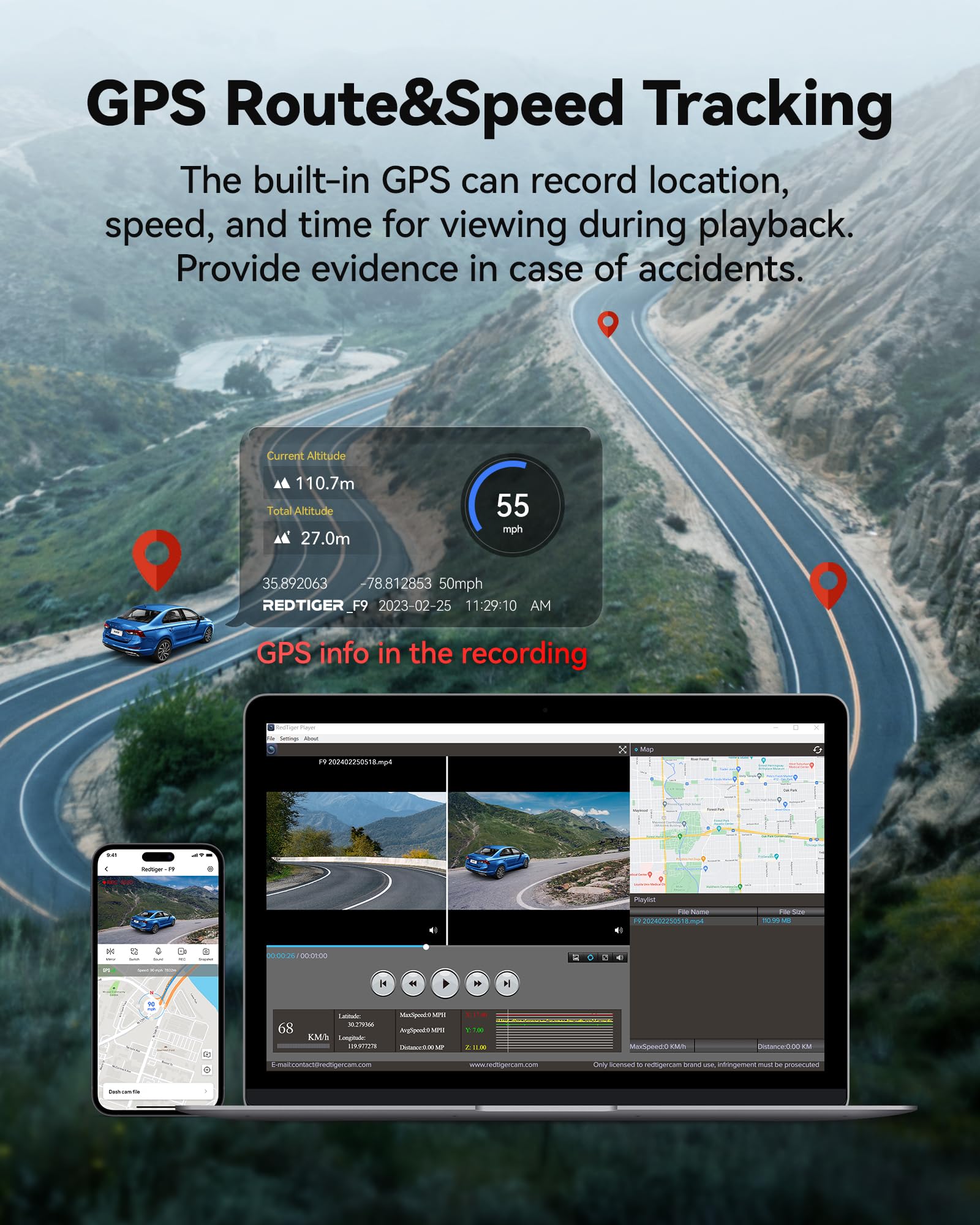 REDTIGER Dash Cam 4K/2,5K przednia i tylna, Dasham samochodowa z WiFi i GPS, nagrywanie w pętli, tryb parkingowy, inteligentne sterowanie za pomocą aplikacji, obsługa 256 GB (F9)