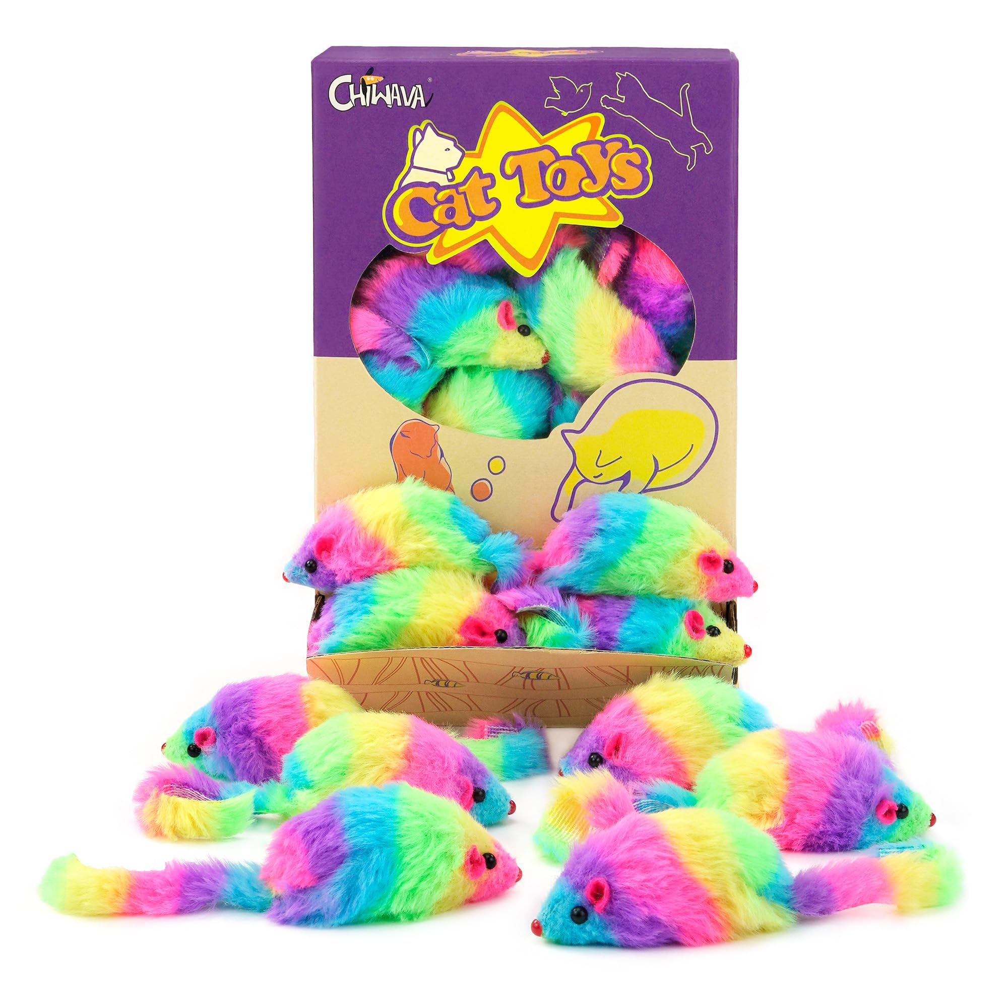 Chiwava 24 pezzi da 2,8" arcobaleno giocattolo peloso per gatti con sonaglio gioco interattivo a forma di topo
