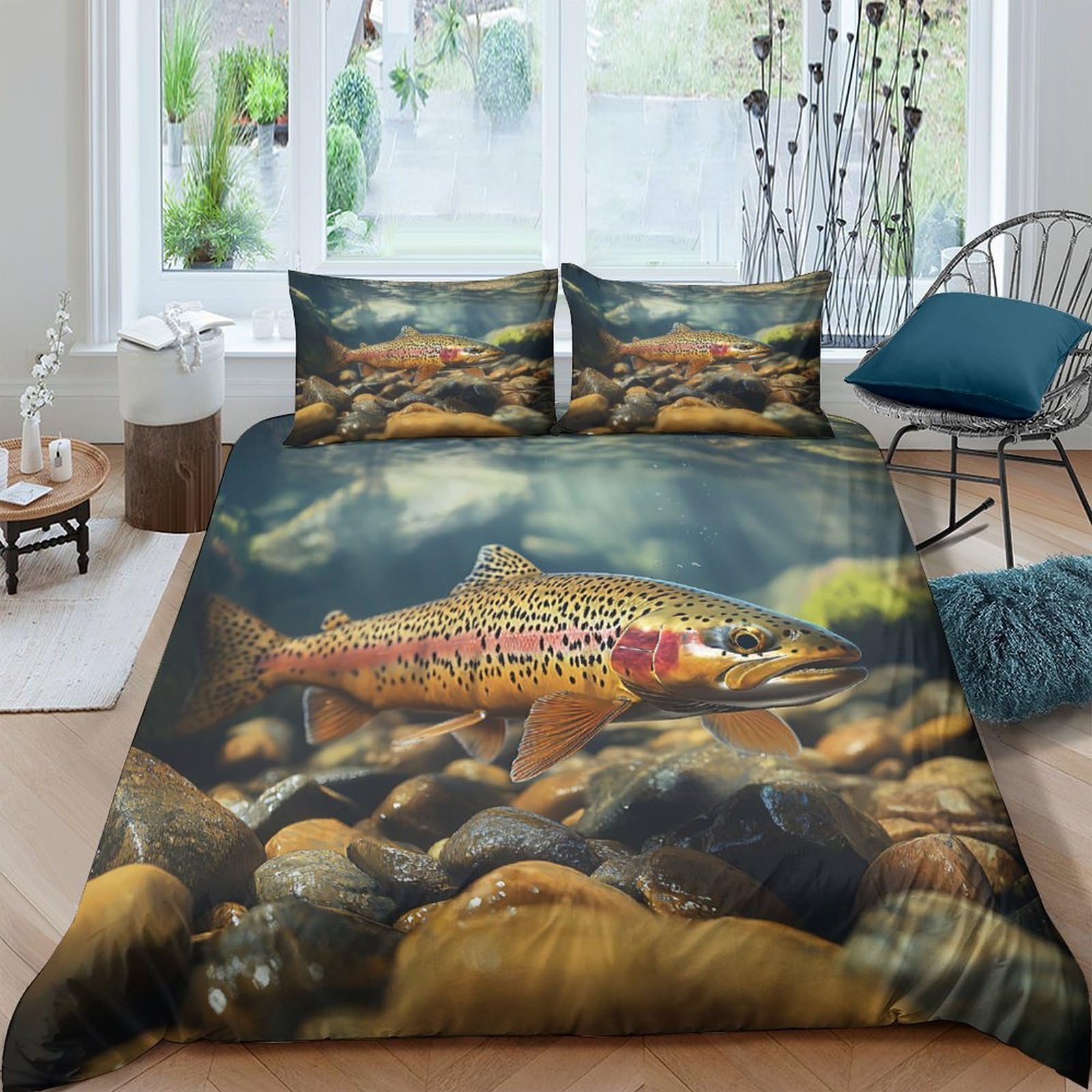 Ctjqhvkz Style-3 3D Printed River Trout Fitted Sheet Microfiber Soft Breathable Underwater Rocks Bed Sheet For Bedroom Guest Room Decor Single（135X200cm）