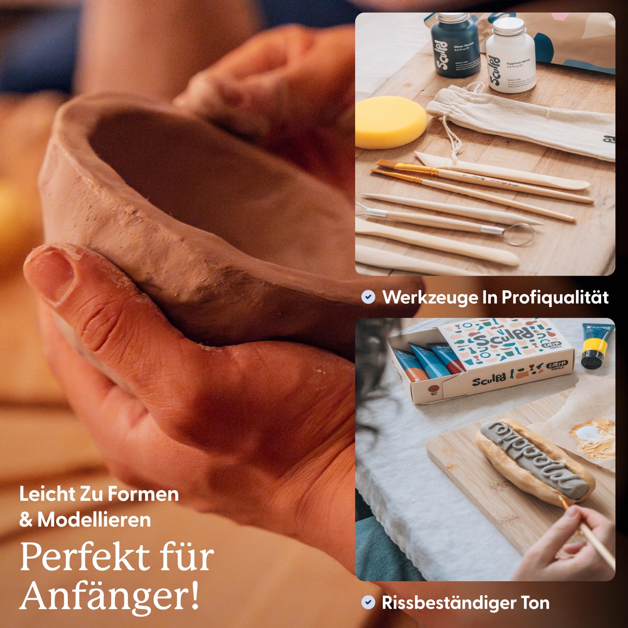 Sculpd – Das originale Töpfer-Set, Komplettes lufttrocknendes Ton-Set für Erwachsene, inklusive Modellierwerkzeugen, Lack, Pinseln, Anleitungen sowie Kunst & Bastelset, Glanzlack mit Pastelltönen