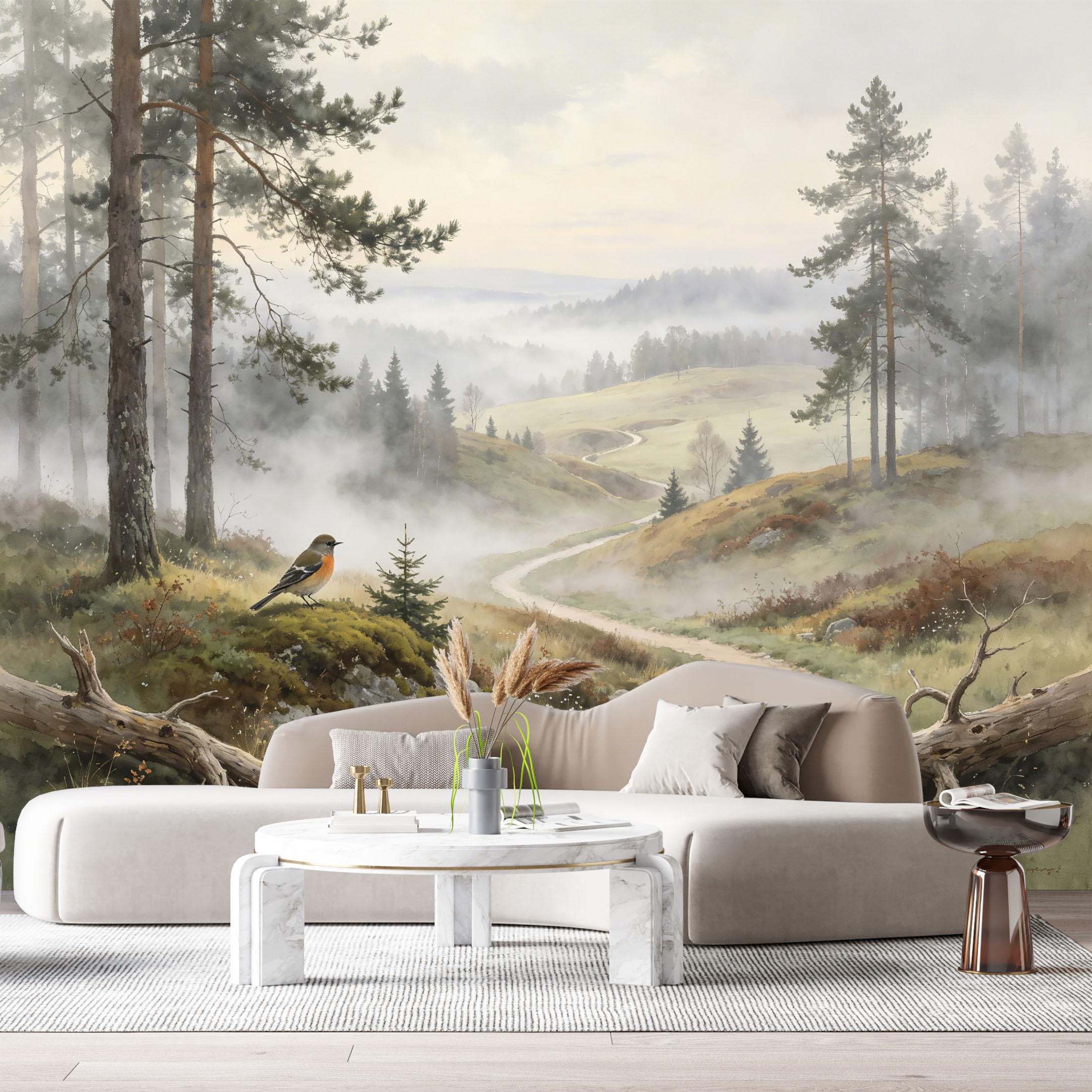 Custom Size Wall Murals Misty Forest Landscape Watercolor Painting Pine Trees Bird Path SelfAdhesive Wall Fabric Removable Large Wallpaper for Photo Living Room