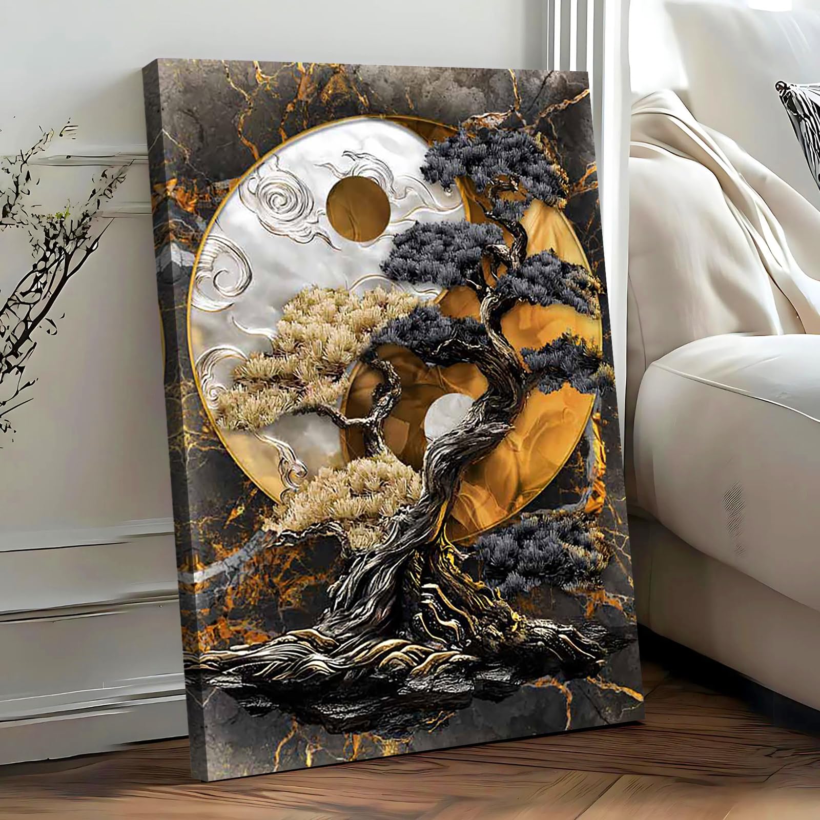 Wooden Framed Canvas Wall Art Qian Kun Yin Yang Tree Painting on Canvas Prints Poster Black Brown Silver Marble Cameo Pictures for Living Room Bedroom Home Office Hallway Corridor Wall Decor 40x60cm - Image 2