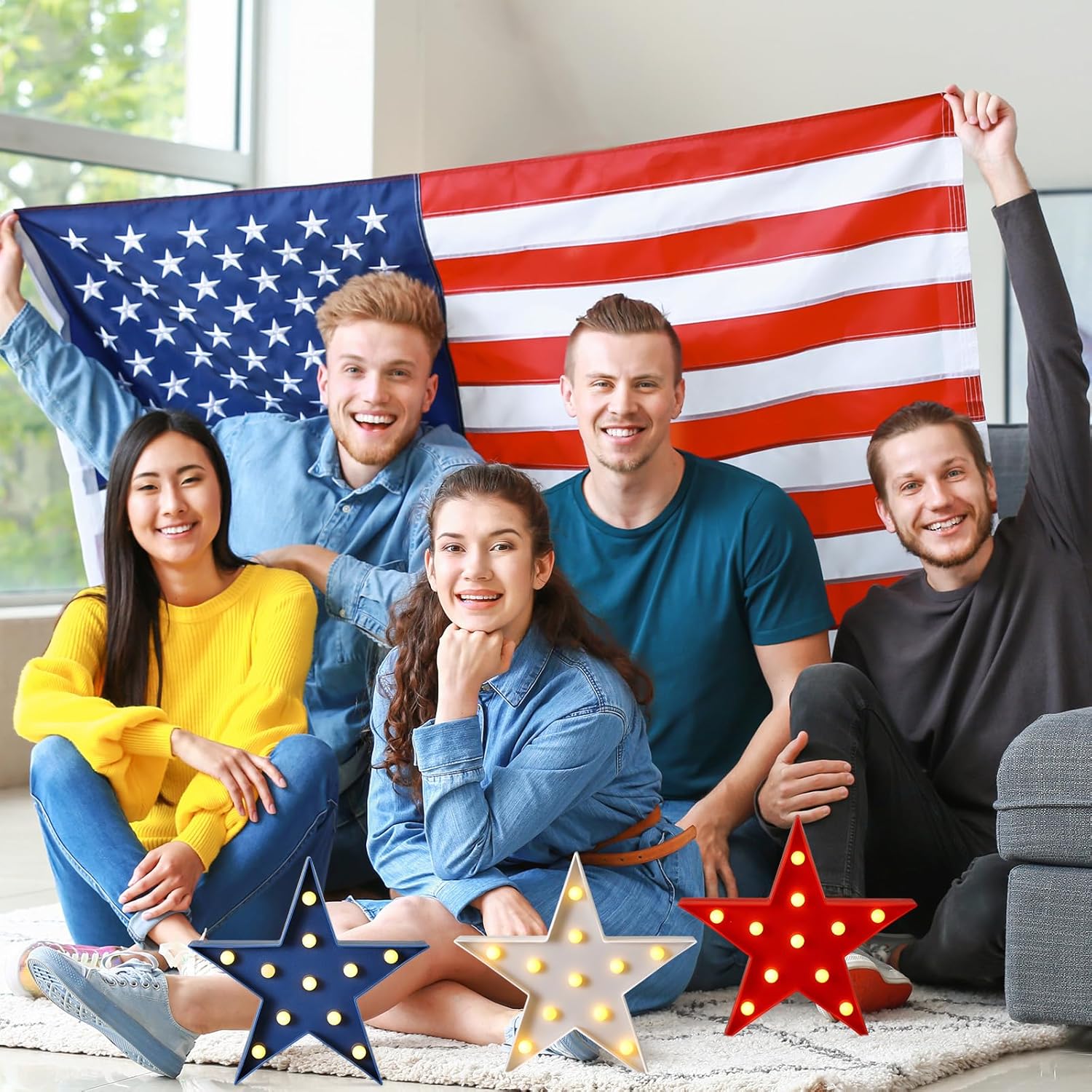 Tujoe 3 Pcs 4th of July Star Lights LED Independence Day Signs Red White and Blue Patriotic Star Centerpieces for Tables Indoor Outdoor Independence Day Party Decorations(Smooth)