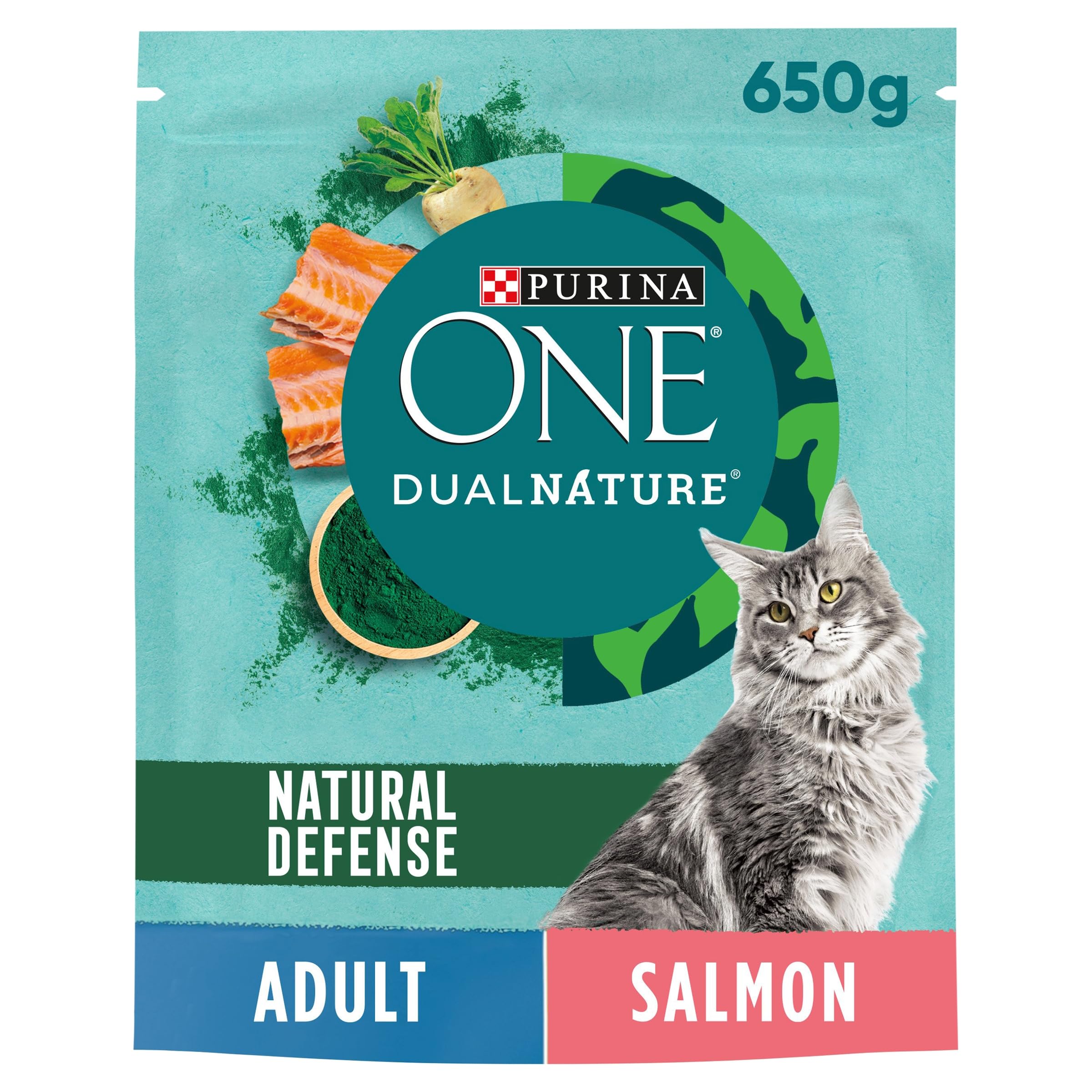 PURINA ONE Dual Nature Natural Defense Salmon Dry Cat Food 650g (Pack of 8)