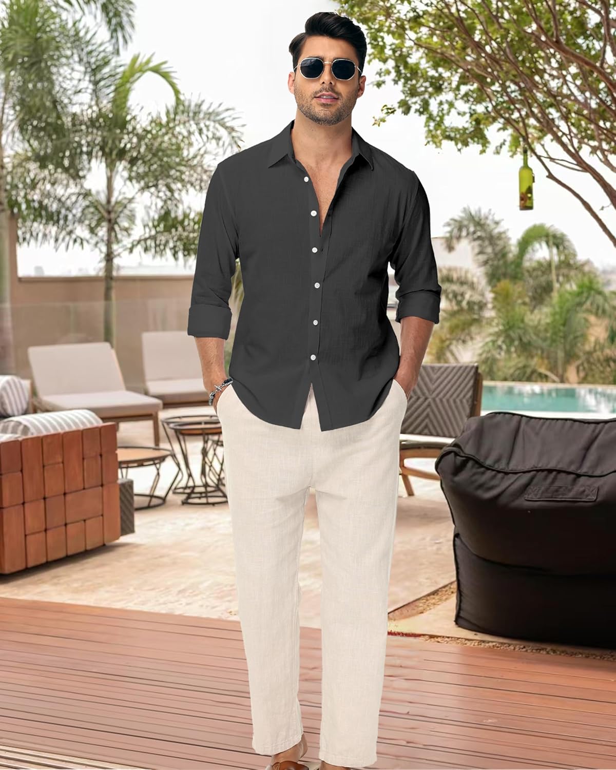 Linen Shirts for Men Casual Button Down Long Sleeve Shirt Solid Summer Beach Hawaiian Shirts - Image 3