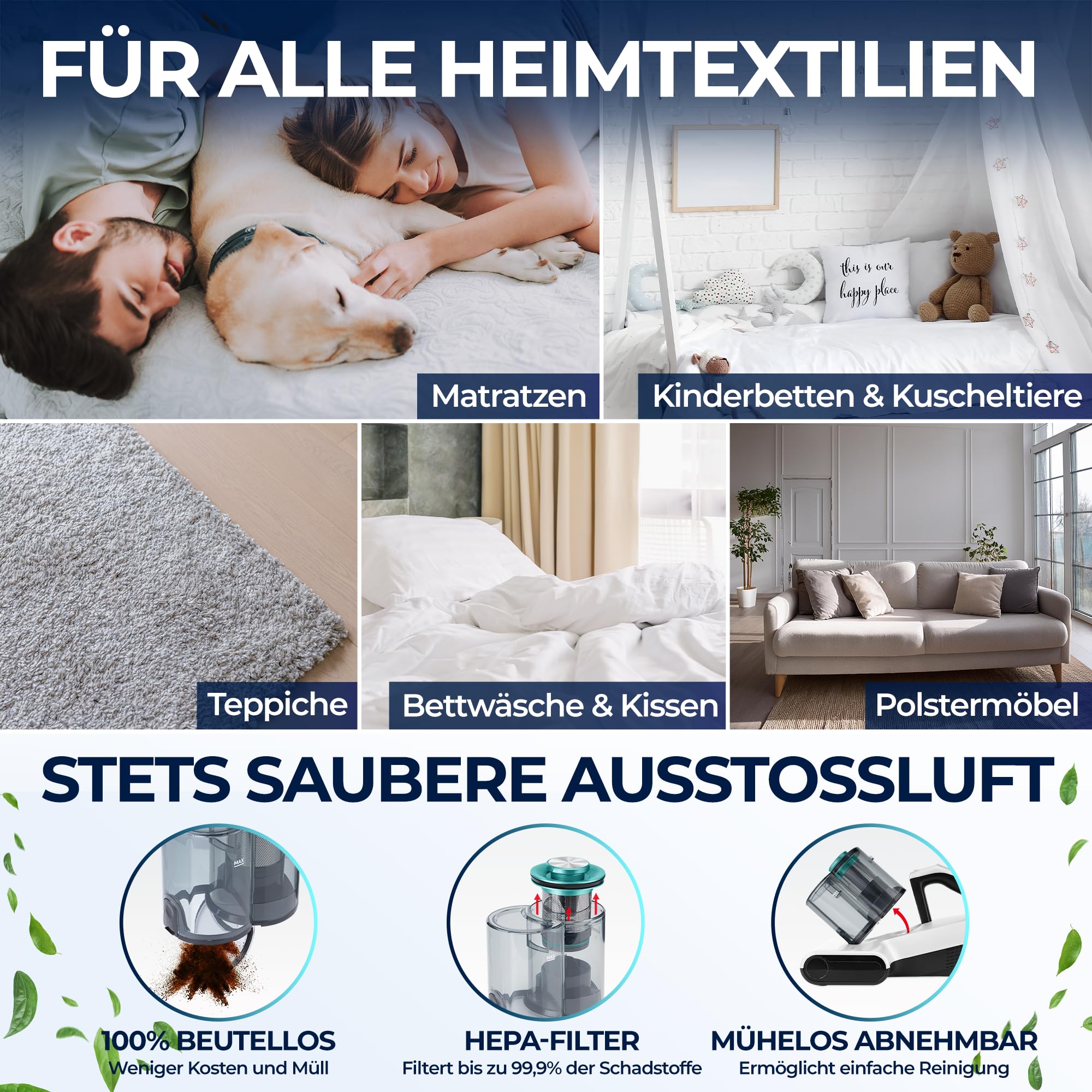 KLAMER Milbensauger 18kPa – Matratzensauger mit UV-Licht & 60°C Tiefenreinigung, Ultraschall & Schlagmodi, Anti-Verwicklungs-Bürste für Tierhaare, HEPA-Filter gegen Milben & Allergene