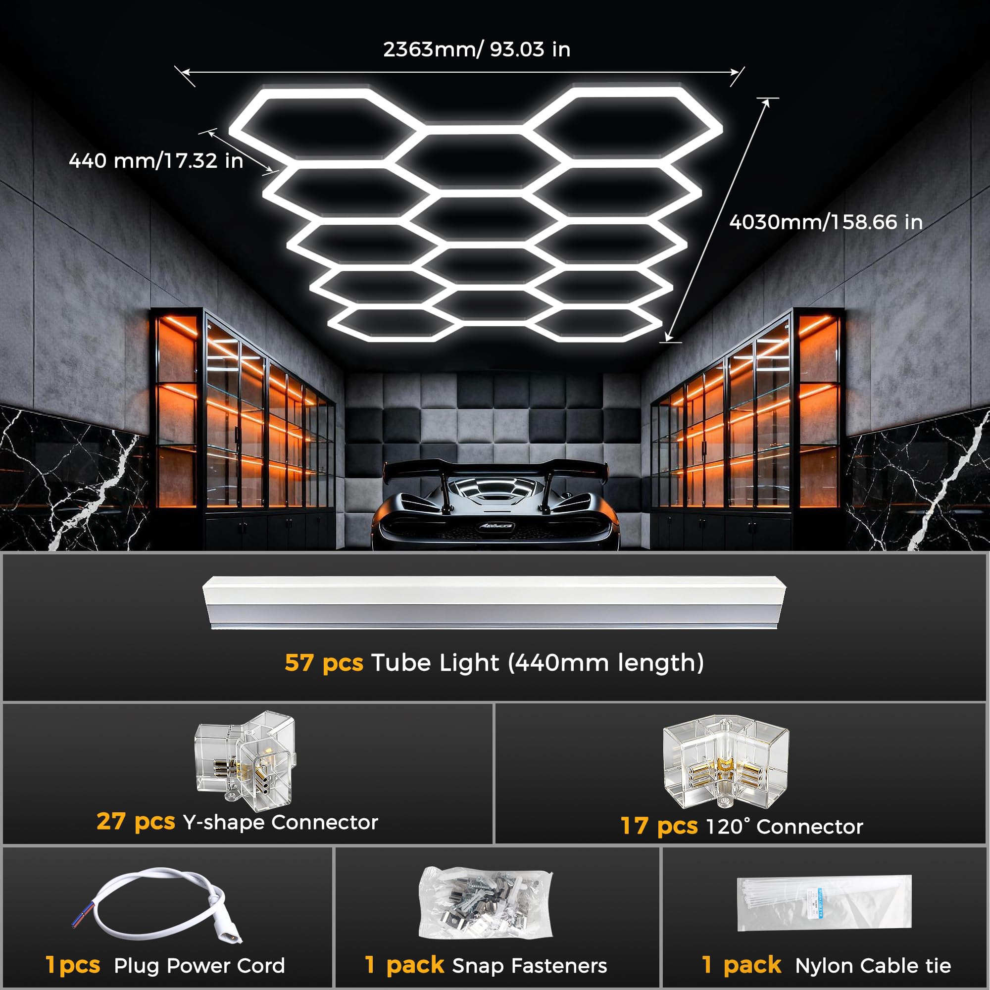 Sześciokątna lampa sufitowa LED, 14 siatek, 6500 K, super jasna lampa garażowa, łatwy montaż, trwały sześciokąt do garażu, studia fitness, magazynów, prywatnych domów, pomieszczeń wystawowych