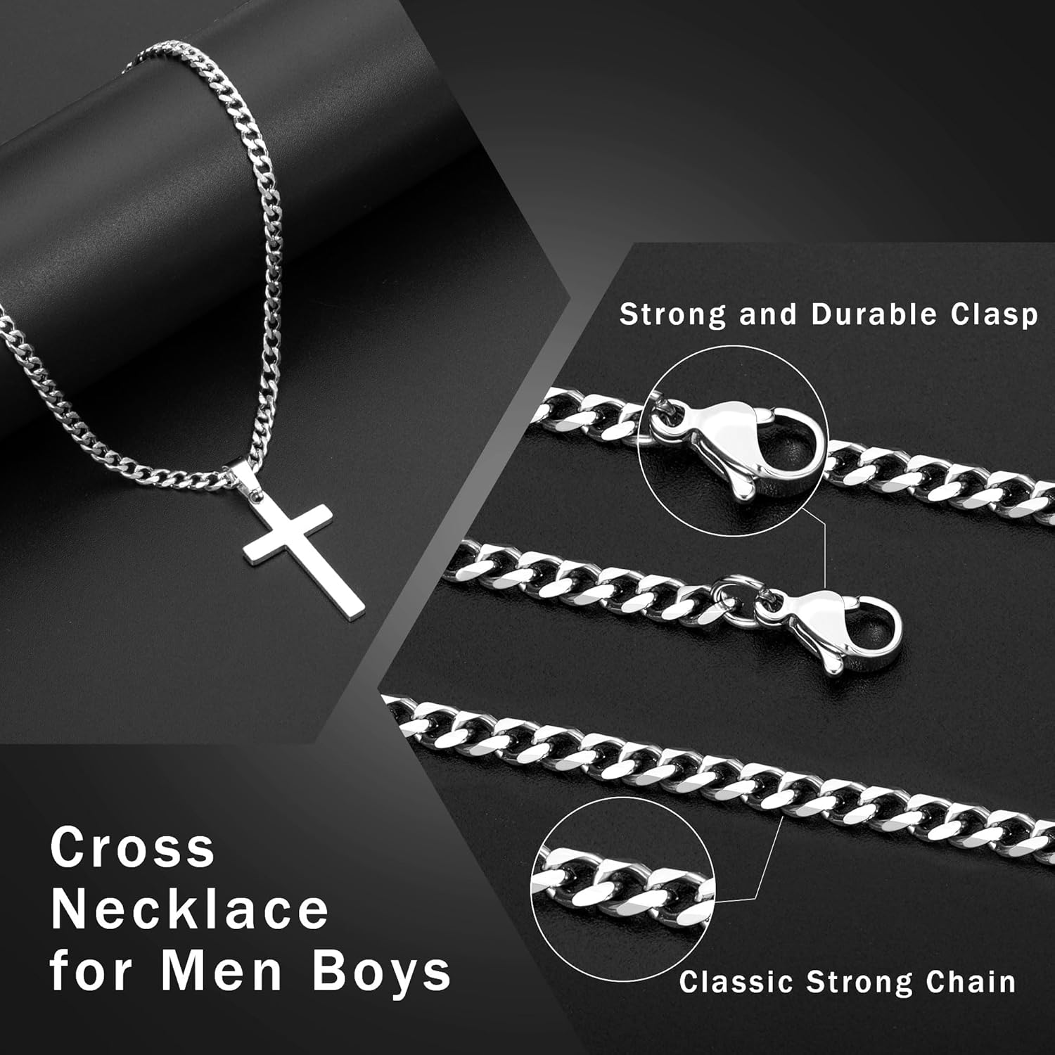 LUXEJEW Cross Necklace for Men Boys - Silver/Gold/Black Stainless Steel Cross Pendant Necklace Cuban Link Chain 16-24 Inches - Image 6