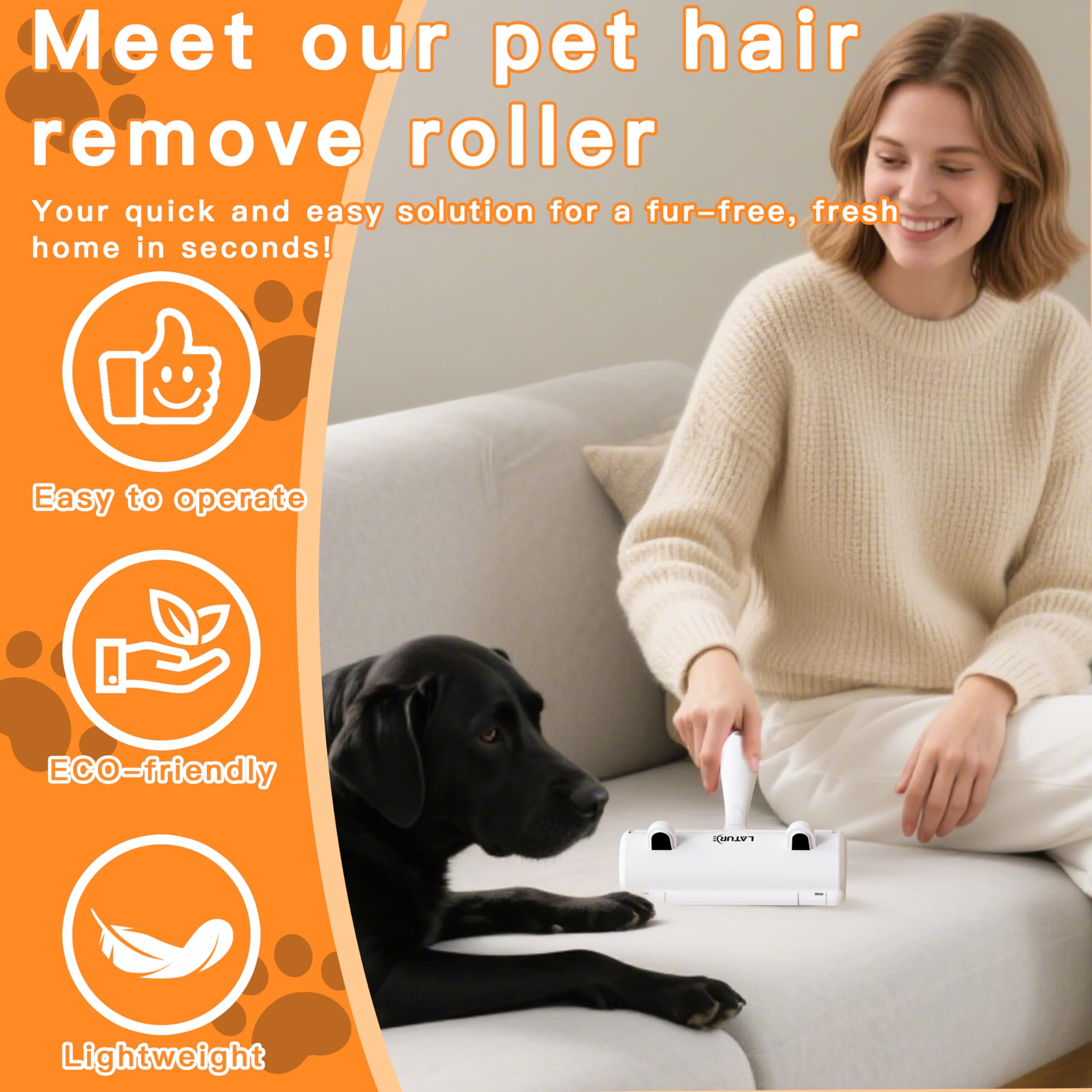 Pet Hair Remover Roller & Self-Cleaning Grooming Brush (2-in-1), Reusable Fur Tool for Dogs Cats Shedding, No Sticky Sheets for Pet Hair Removal on Furniture, Couch, Carpet, Bedding, Car Seats - image 6