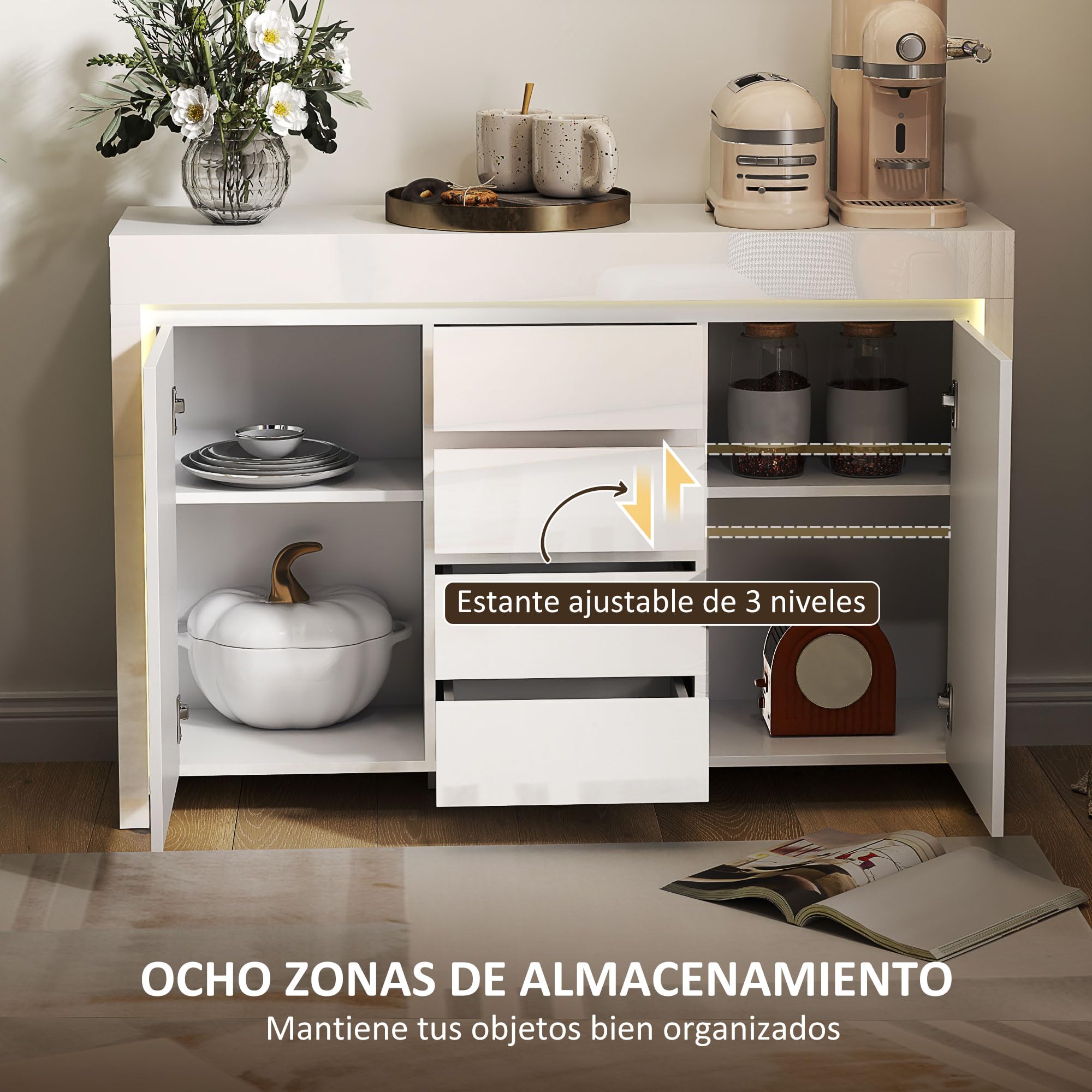HOMCOM Aparador con Luces LED con 4 Cajones 120x34x80 cm Blanco Brillo