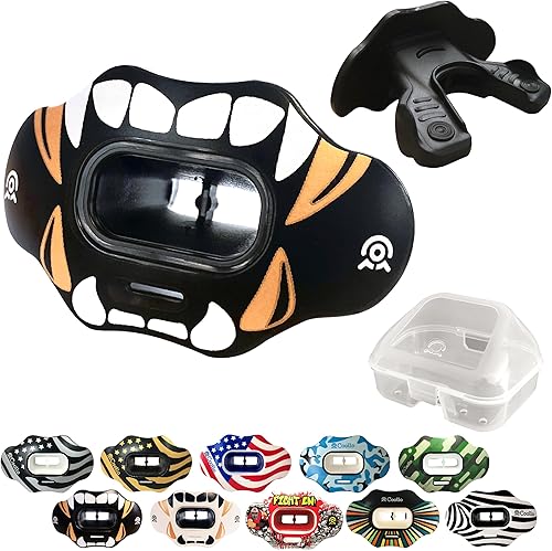 Miniatura 13 de Protector bucal MAXX/Might Football y deportes de alto impacto para adultos y jóvenes (correa incluida) Bandera americana, oro, (una capa),Bandera