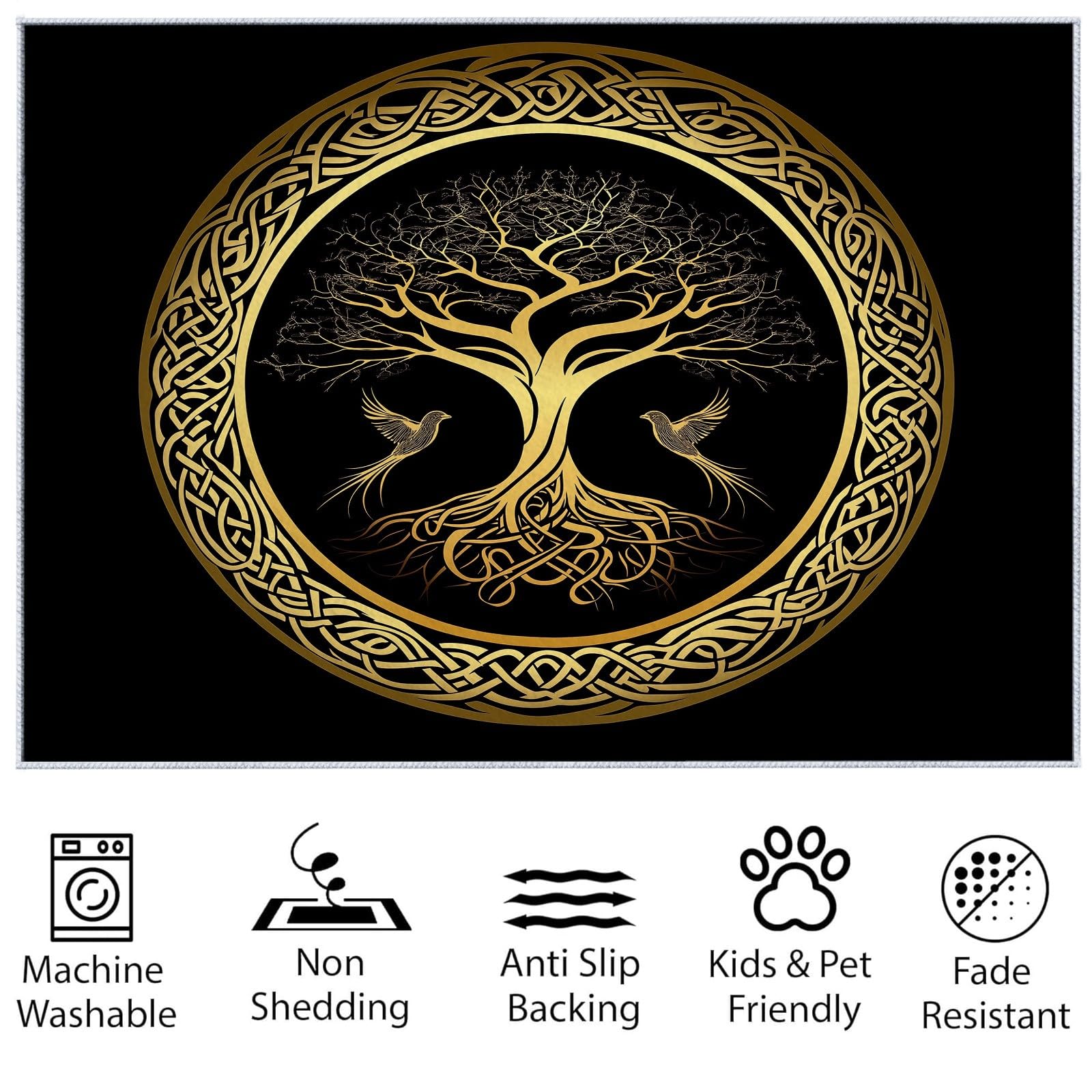 Tapis Antidérapant 140 x 200 cm Runner à Poils Courts Arbre de Vie Runes Abstrait Oiseaux pour Salon, Or Noir Tapis Rectangulaire Doux pour Chambre, Décoration Maison, Runner Lavable, Couloir