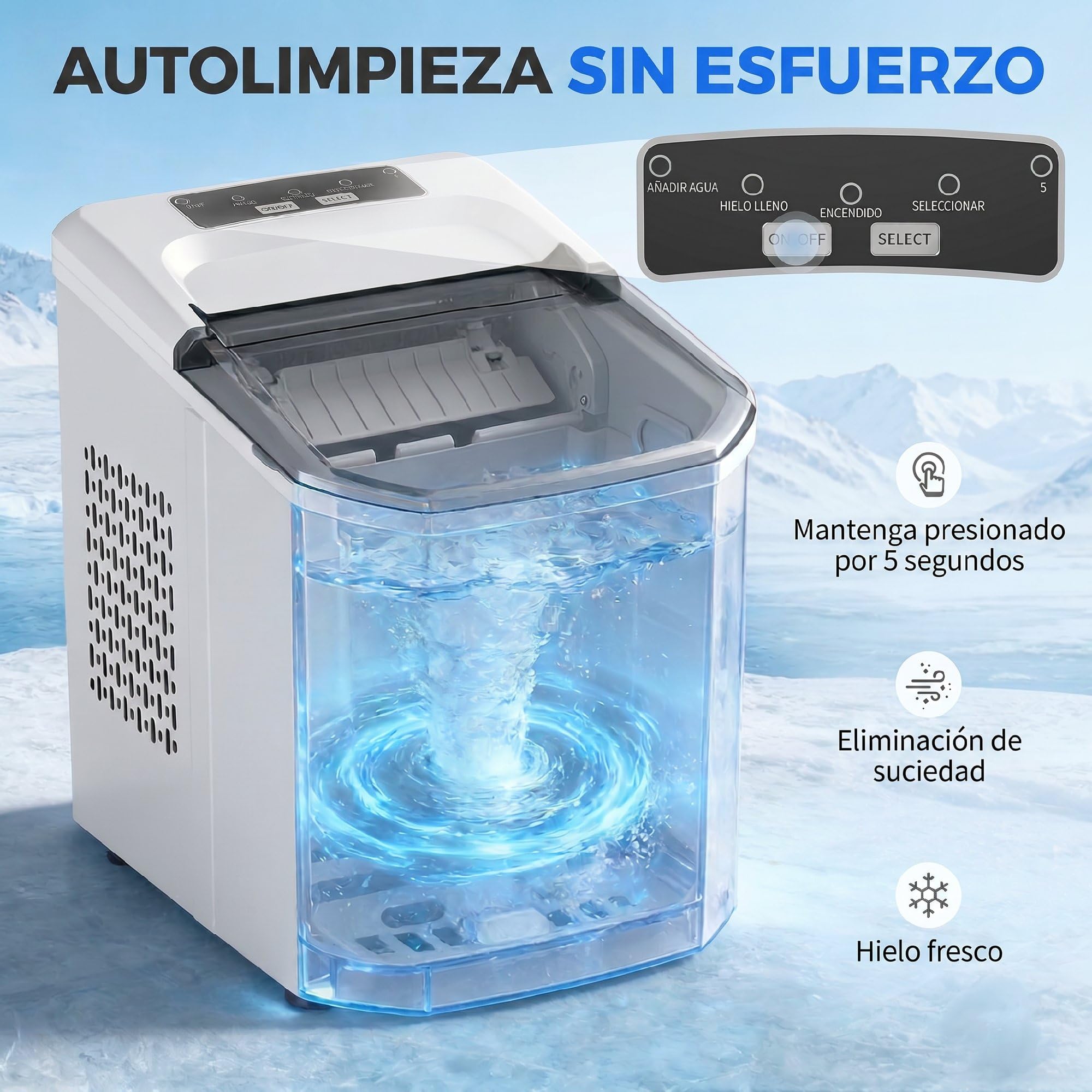 HOMCOM Máquina de Hielo, Máquina de Cubitos de Hielo Autolimpiable, 12 kg/24H, 9 Cubitos Listos en 7 Minutos, 2 Tamaños de Hielo, 1,5L Depósito, para Hogar, Cocina, Oficina, Bar, Blanco — view 6