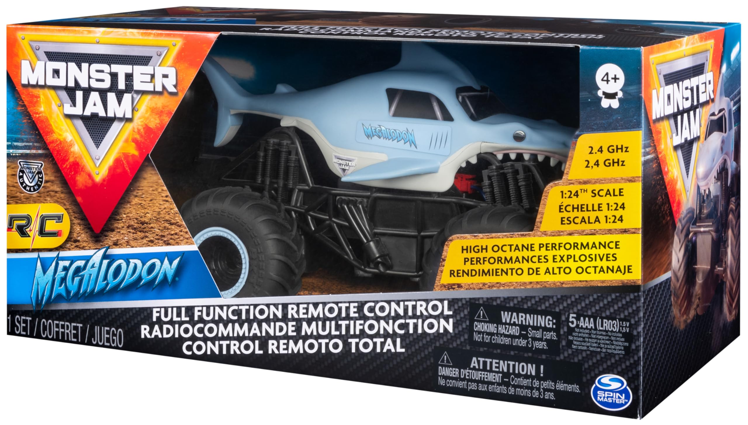 Monster Jam - Coche Teledirigido Megalodón - Coche para Niños RC Monster Truck a Escala 1:24-2.4GHZ hasta 76m - Juguetes Niños 4 Años +