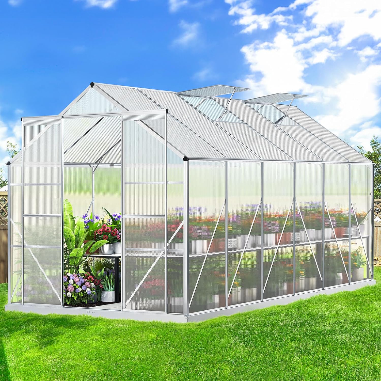Greenhouse Garden Shed Cover, Walk-in Tunnel Green House with Ventilation Windows, Aluminium Steel Frame Grow Tent for Gardening Plants Flowers, 3.8x2.4x2.1M