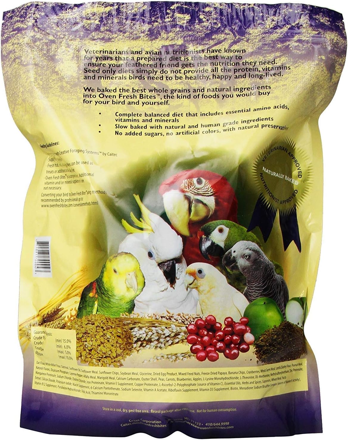 2 Pack, Caitec Oven Fresh Bites Natural Baked Avian Diet, Nutritional, Whole Grain, Large Parrot Food. 48 Oz. Ea.