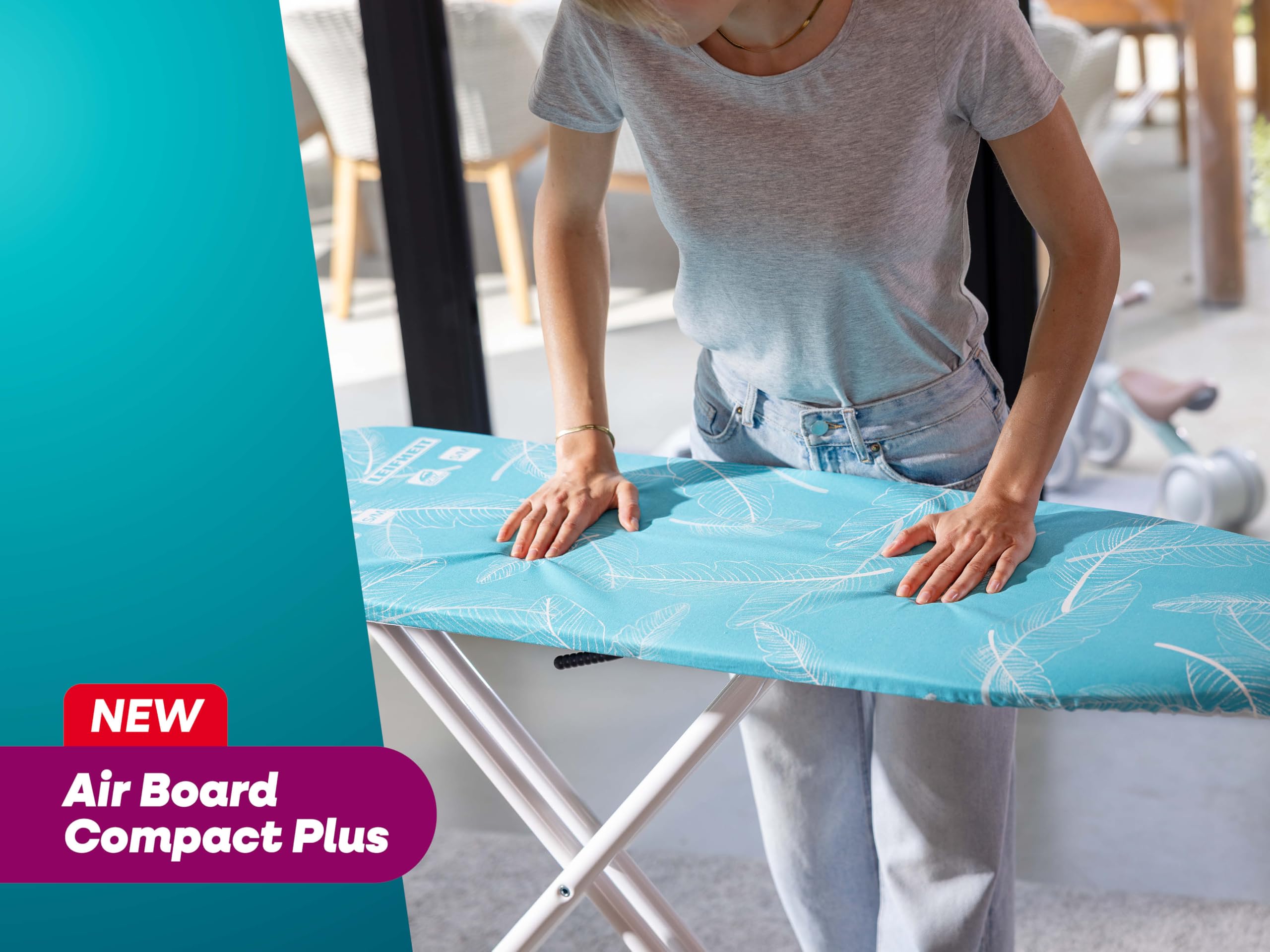 Leifheit Bügeltisch Air Board M Compact Plus, Bügelfläche 120 x 38 cm, höhenverstellbar, Bügelbrett mit Zwei-Seiten-Bügeleffekt, platzsparend verstaubar, geeignet für Bügeleisen und Dampfbügeleisen