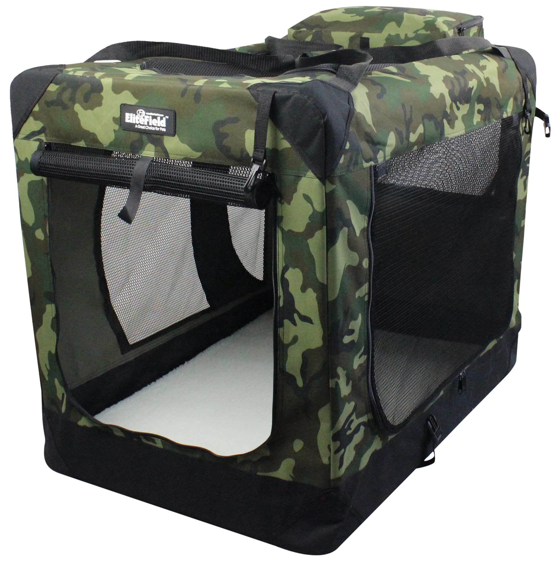 EliteField 3-Door Folding Soft Dog Crate with Carrying Bag and Fleece Bed (2 Year Warranty), Indoor & Outdoor Pet Home (42" L x 28" W x 32" H, Camo)