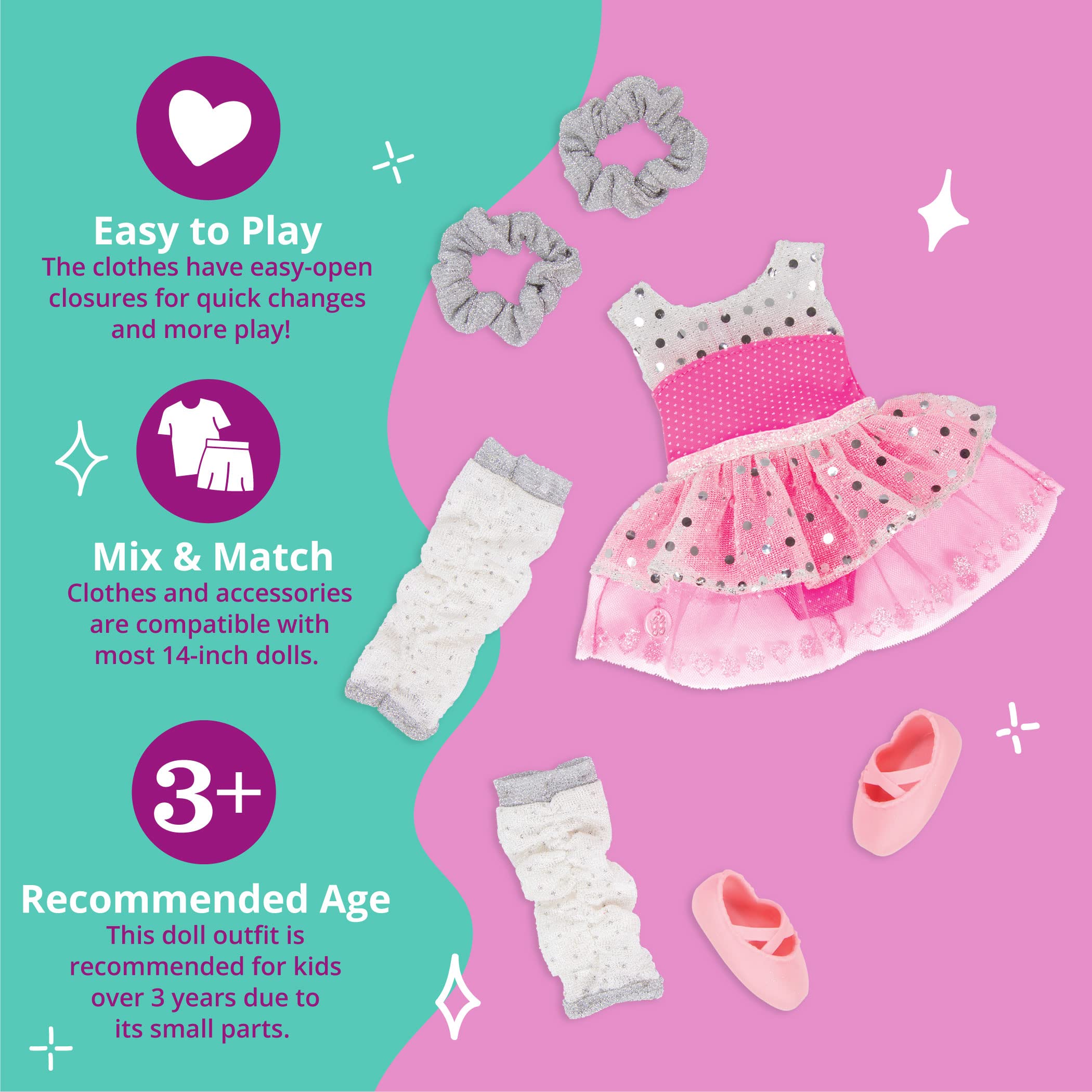 Glitter Girls Dolls by Battat – Twirls of Joy strój baleriny, serca i gwiazdy, sukienka baletowa, gumki do włosów, buty, ubrania dla lalek 35 cm i akcesoria dla dzieci w wieku od 3 lat, zabawki dla