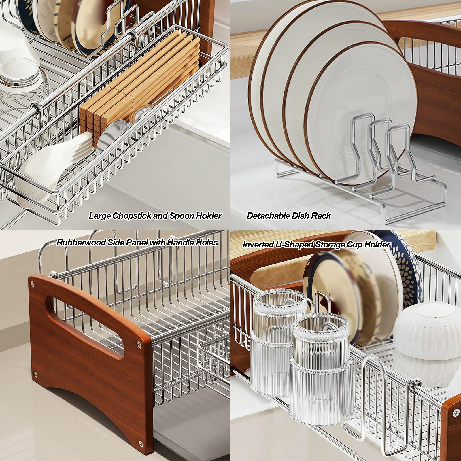 Escurridor de Platos, Escurreplatos sobre Fregadero de Acero Inoxidable 304 con Paneles Laterales de Madera de Caucho y Bandeja de Goteo Pintada