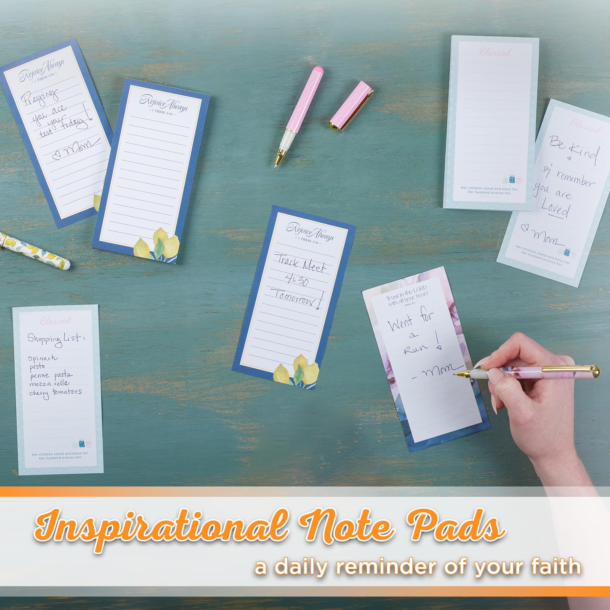 Christian Art Gifts Compact Magnetic Notepad & Medium Ballpoint Pen Set for Women: Rejoice Always Inspirational Scripture, Lists, Reminders, 70 Lined Easy Tear-off Sheets, Navy Blue & Yellow Lemons