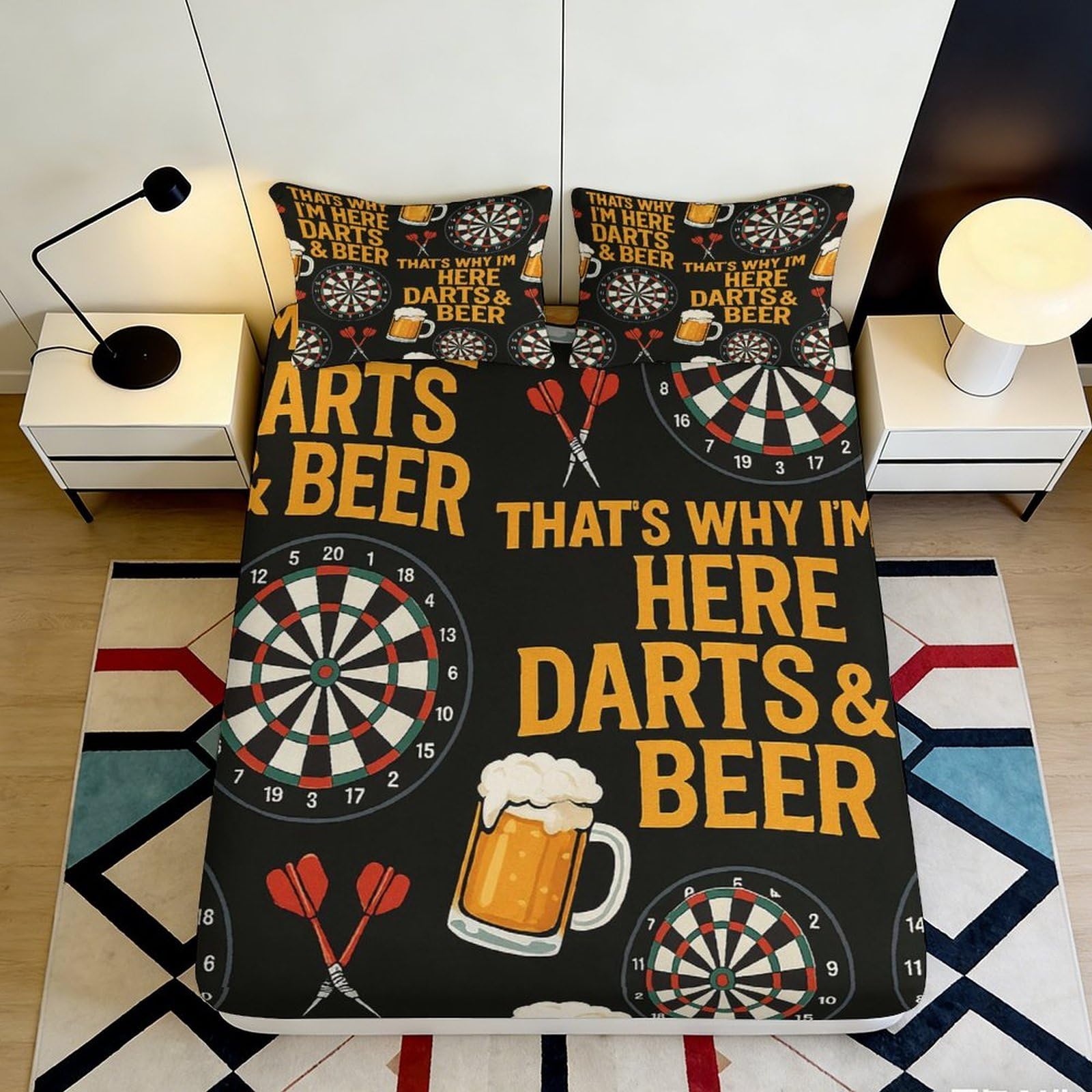 3D Printed Darts Beer Fitted Sheet Microfiber Soft Breathable Dartboard Bed Cover for Bedroom Dorm Decor Protection 90x200x25cm