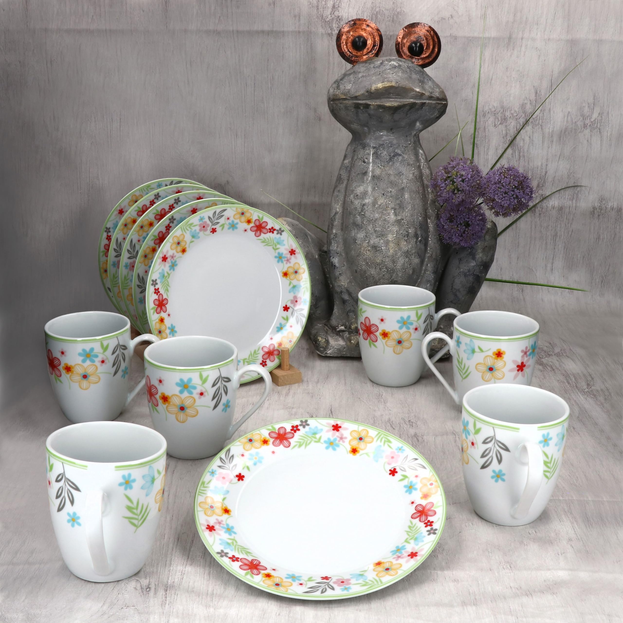 MamboCat Variant Blümchen Service de petit-déjeuner 12 pièces I 6 petites assiettes et 6 tasses à café de 350 ml, hauteur 10,3 cm pour 6 personnes I Tasse, assiettes à gâteau I Vaisselle en porcelaine