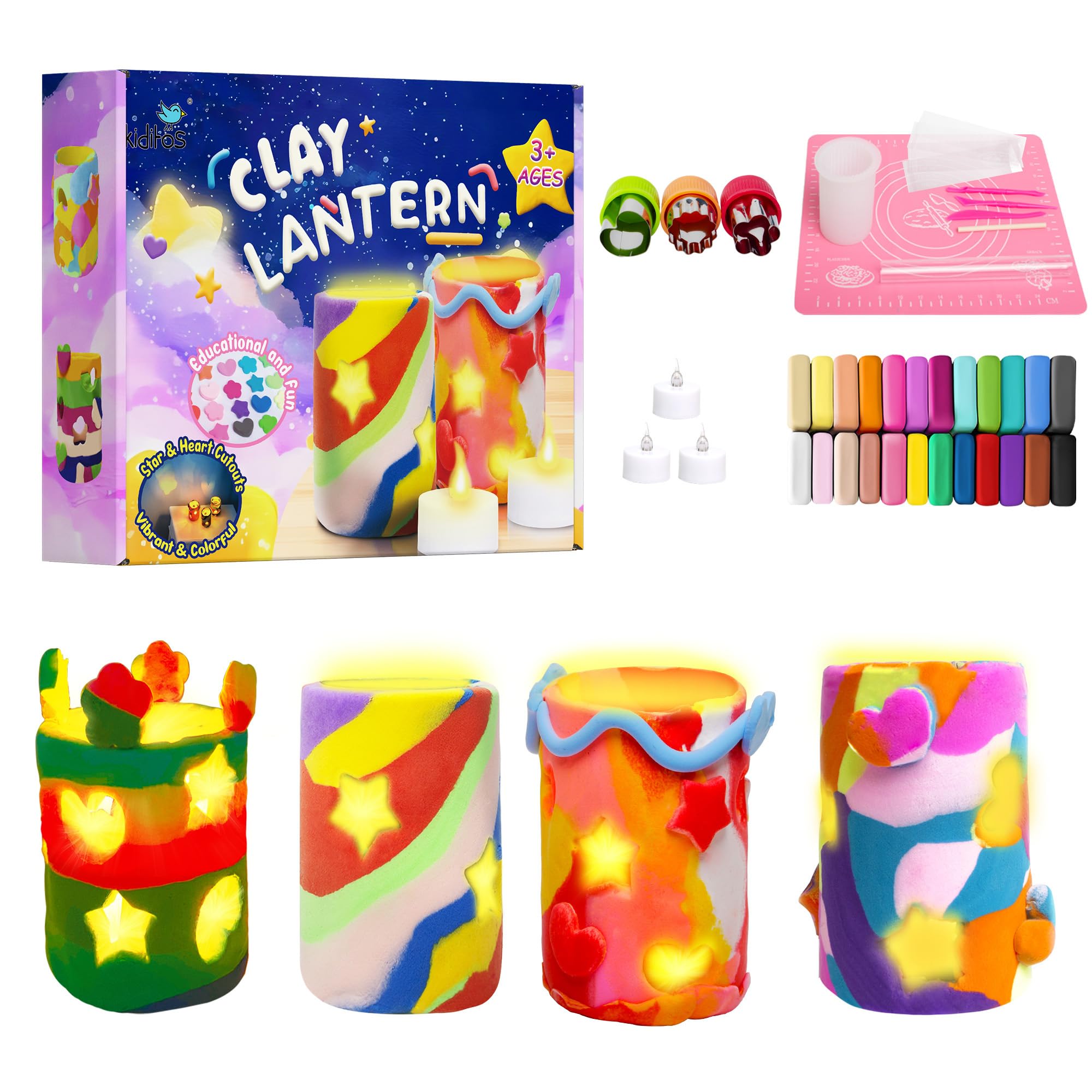Kiditos DIY Light-up Clay Lanterns Making Set,Make Your Own Clay Luminaries with 24 Colors Clay,Arts&Crafts School Project Toy for Kids Age 3+,STEM Creative Birthday Gift for Girls&Boys(Upgraded)