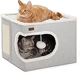 Cat Bed for Indoor Cats Cube House, Covered Cat Cave Beds & Furniture with Scratch Pad and Hideaway Tent, Cute Modern Cat Condo for Multi Small Pet Large Kitten Kitty, Grey 16.5'D x 16.5'W x 13'H Grey