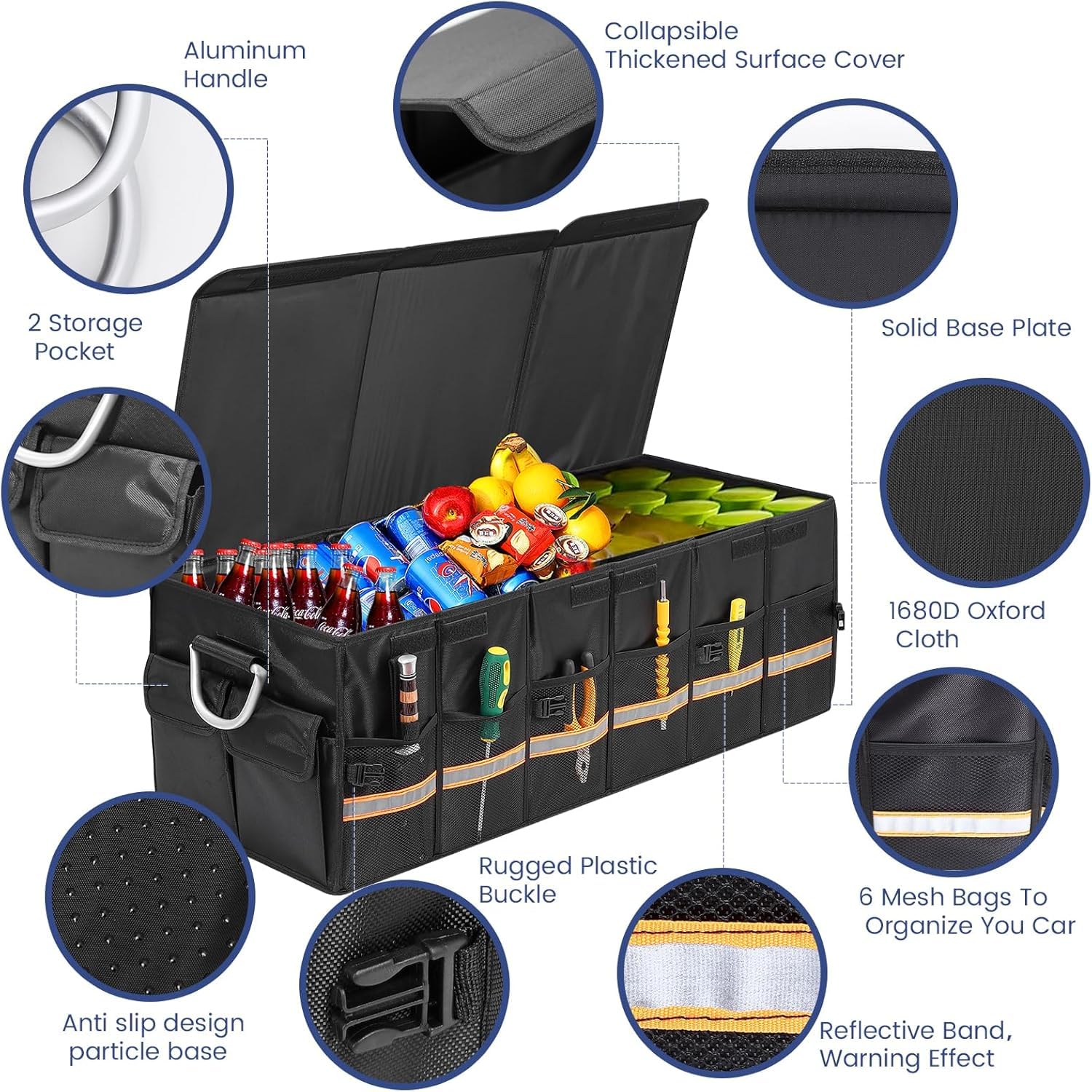 Organizador plegable XXL para maletero de coche, 90 cm, con asas de aluminio reforzadas, base antideslizante y varios bolsillos, bolsa de maletero para coche, SUV y camión