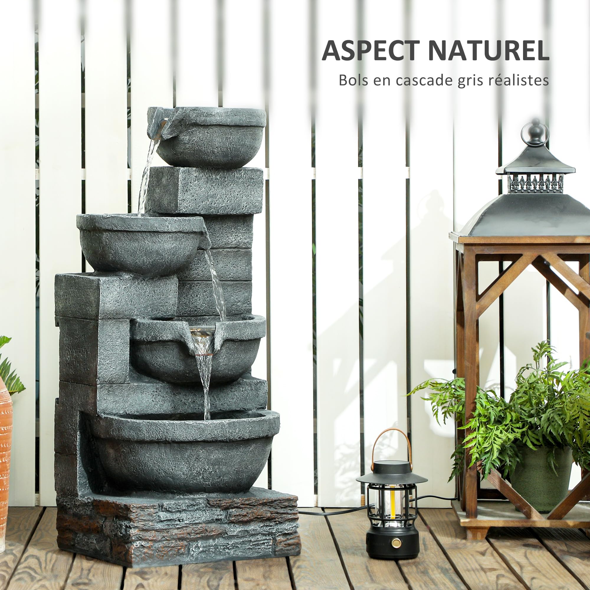 Outsunny Fontaine extérieure de Jardin, Fontaine en Cascade avec éclairage LED, décoration Jardin extérieure en résine à 4 Niveaux, Pompe Inclus, 38 x 35 x 78,5 cm, Gris
