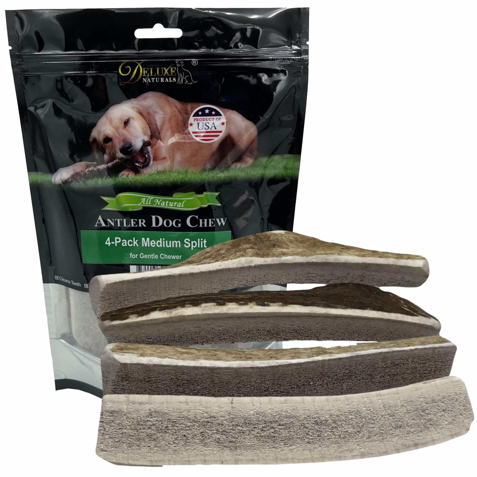 Elk Antler Dog Chews | Long-Lasting A-Grade Premium Elk Antler Chews for Dogs from Naturally Shed Elk Antlers Collected in The USA, Split, Medium (Pack of 4)