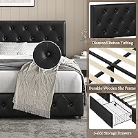 Vista 7 de Yaheetech Base de cama Queen tapizada con cabecera ajustable con botones de diamante, 3 cajones de almacenamiento, cama de plataforma queen/listones