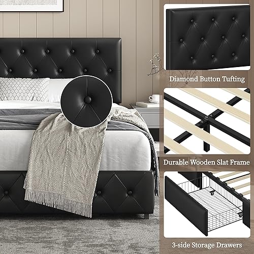 Miniatura 5 de Topeakmart Base de cama de plataforma tapizada tamaño Queen con cabecera ajustable en altura y 4 cajones de almacenamiento, base de colchón de piel