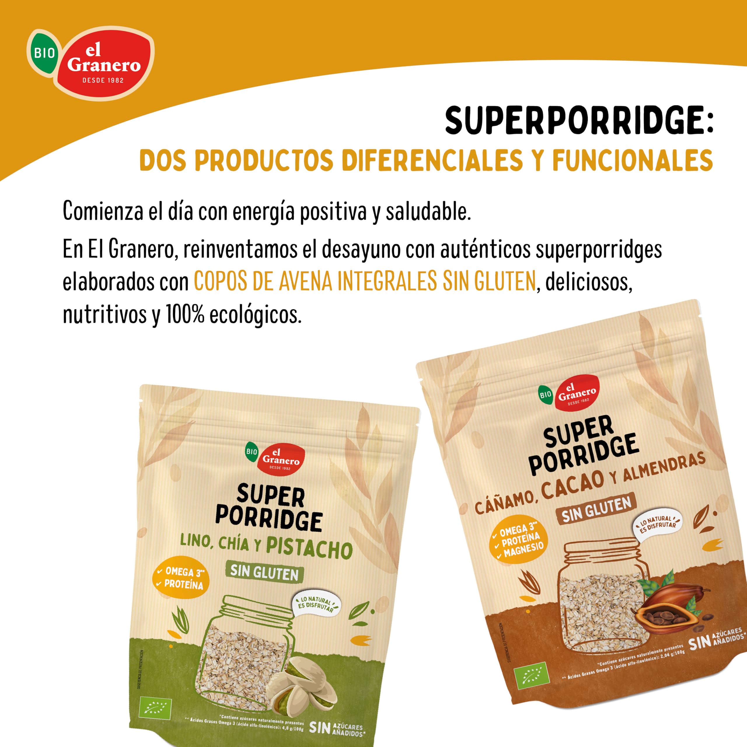 EL GRANERO INTEGRAL - Super Porridge Bio de Cacao Sin Gluten – Desayuno Ecológico, Vegano y Nutritivo – Alto en Fibra, Omega 3, Proteína y Magnesio – 350 g